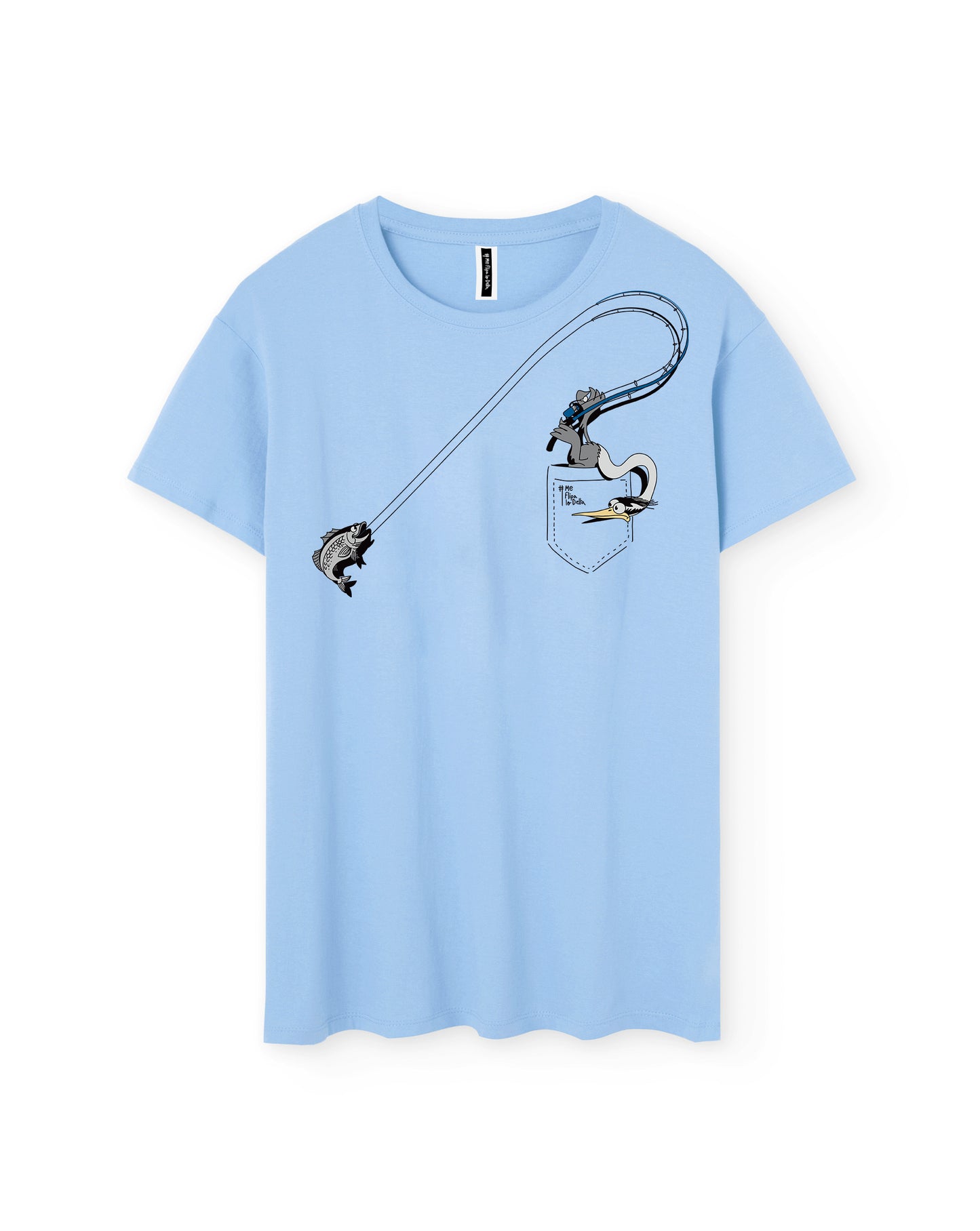 Camiseta manga corta unisex en azul celeste y bernat tirando la caña