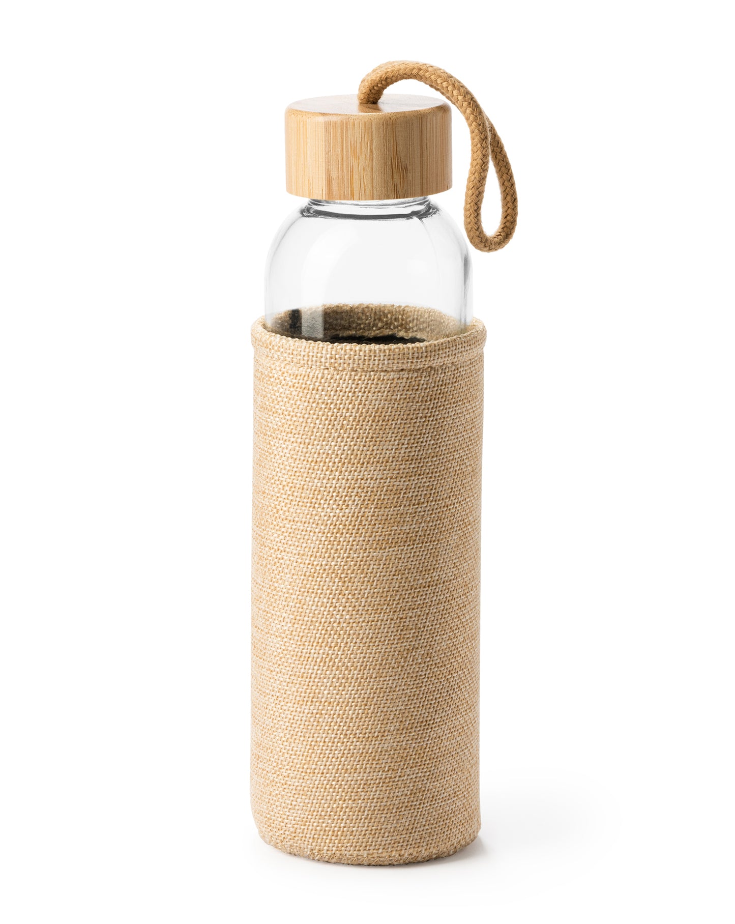 Botella de vidrio en color natural con funda de tela resistente y tapa de bambú