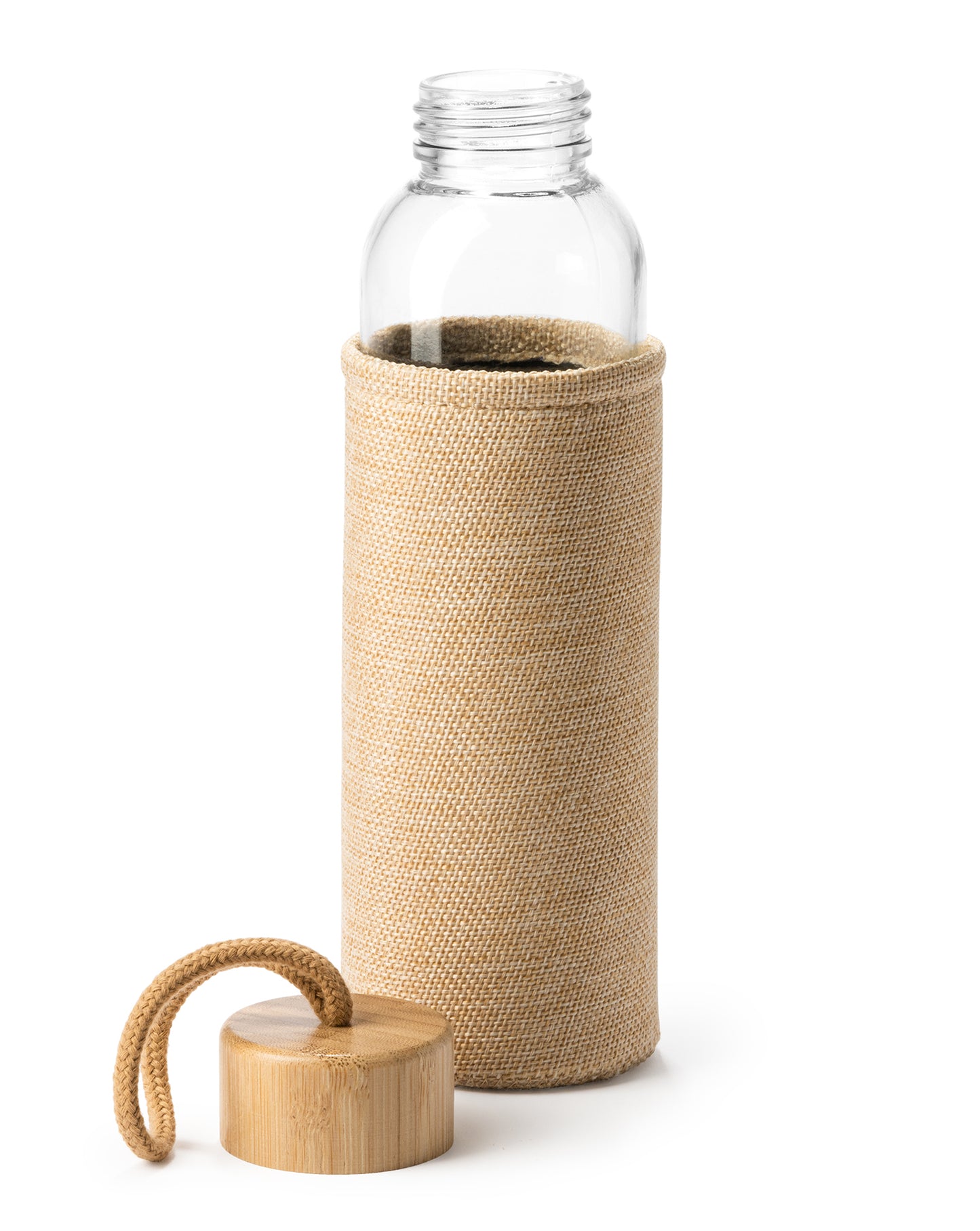Botella de vidrio en color natural con funda de tela resistente y tapa de bambú