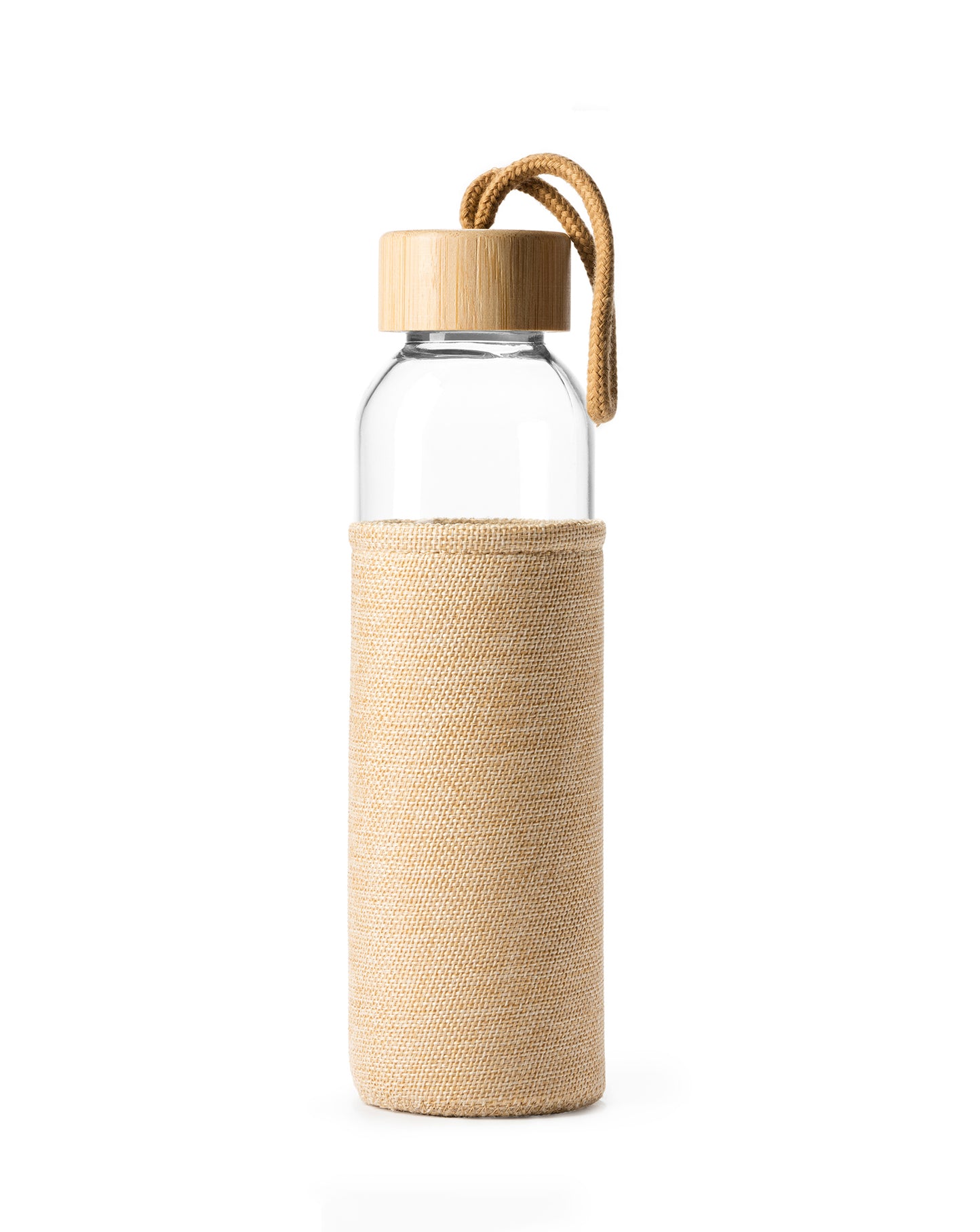 Botella de vidrio en color natural con funda de tela resistente y tapa de bambú