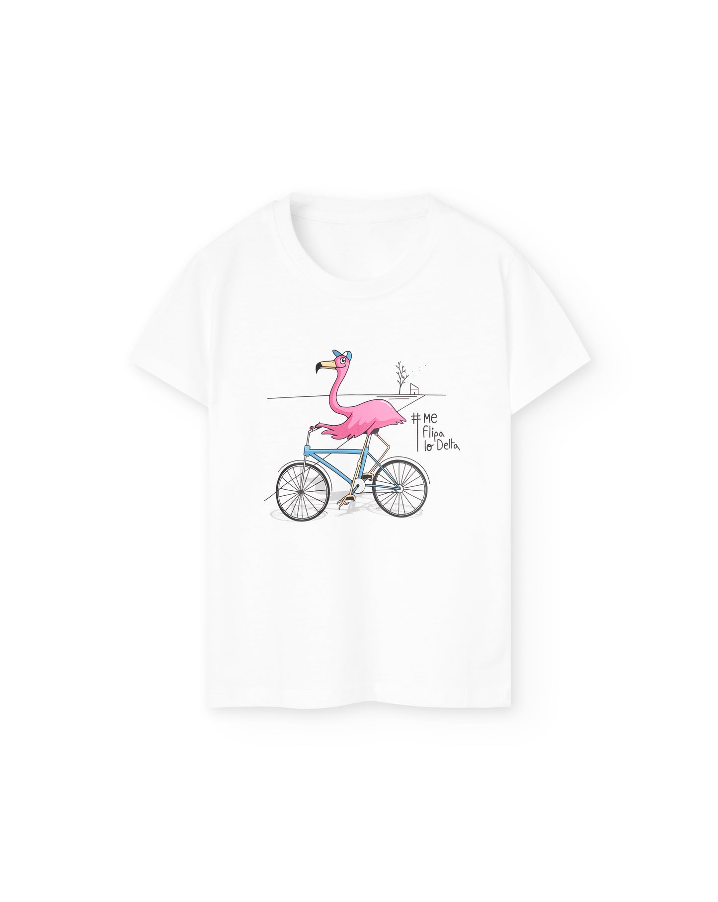 Camiseta manga corta infantil de niño y niña en blanco y estampado flamenco en bicicleta