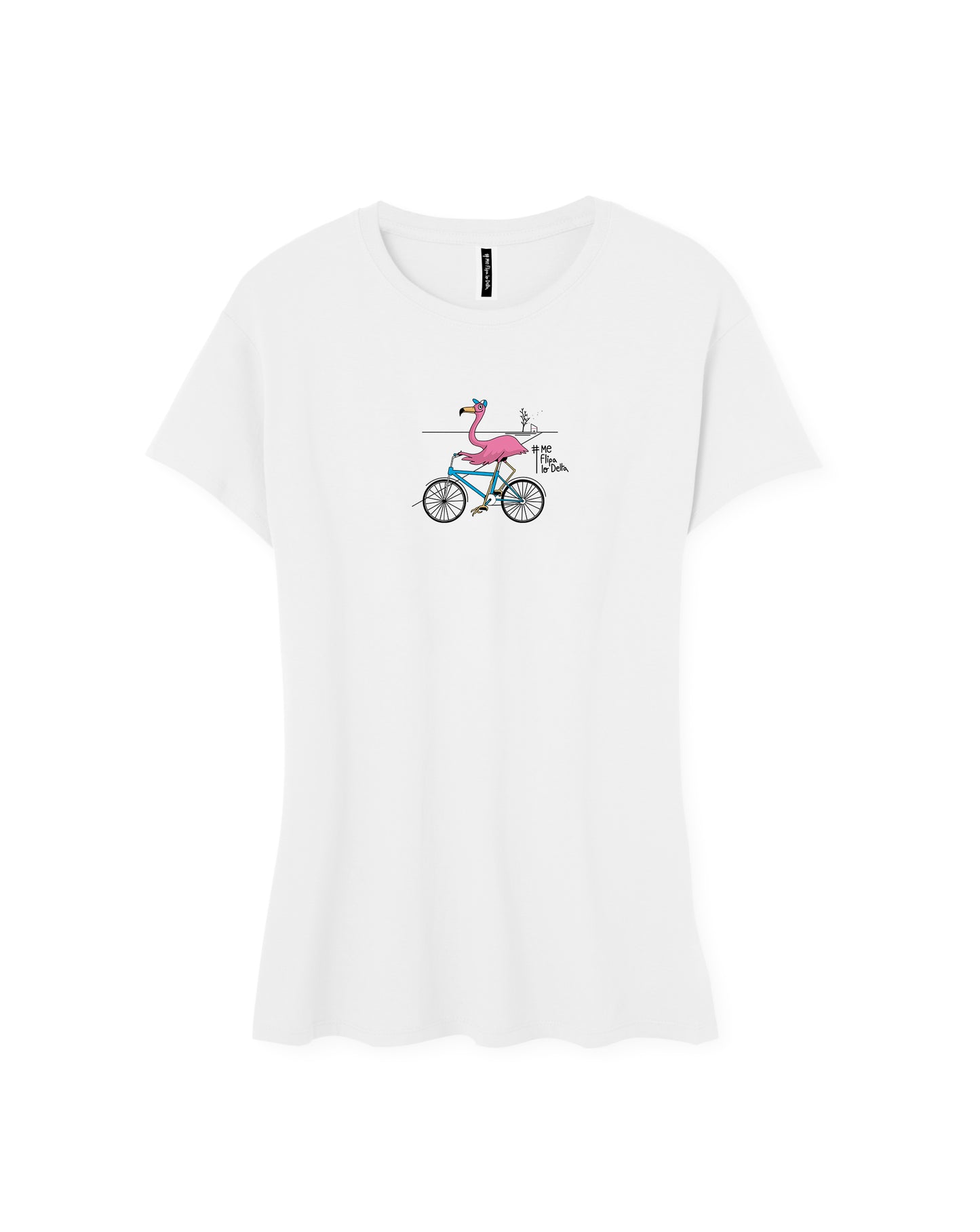 Camiseta manga corta entallada para mujer en blanco cuello redondo y estampado flamenco en bicicleta