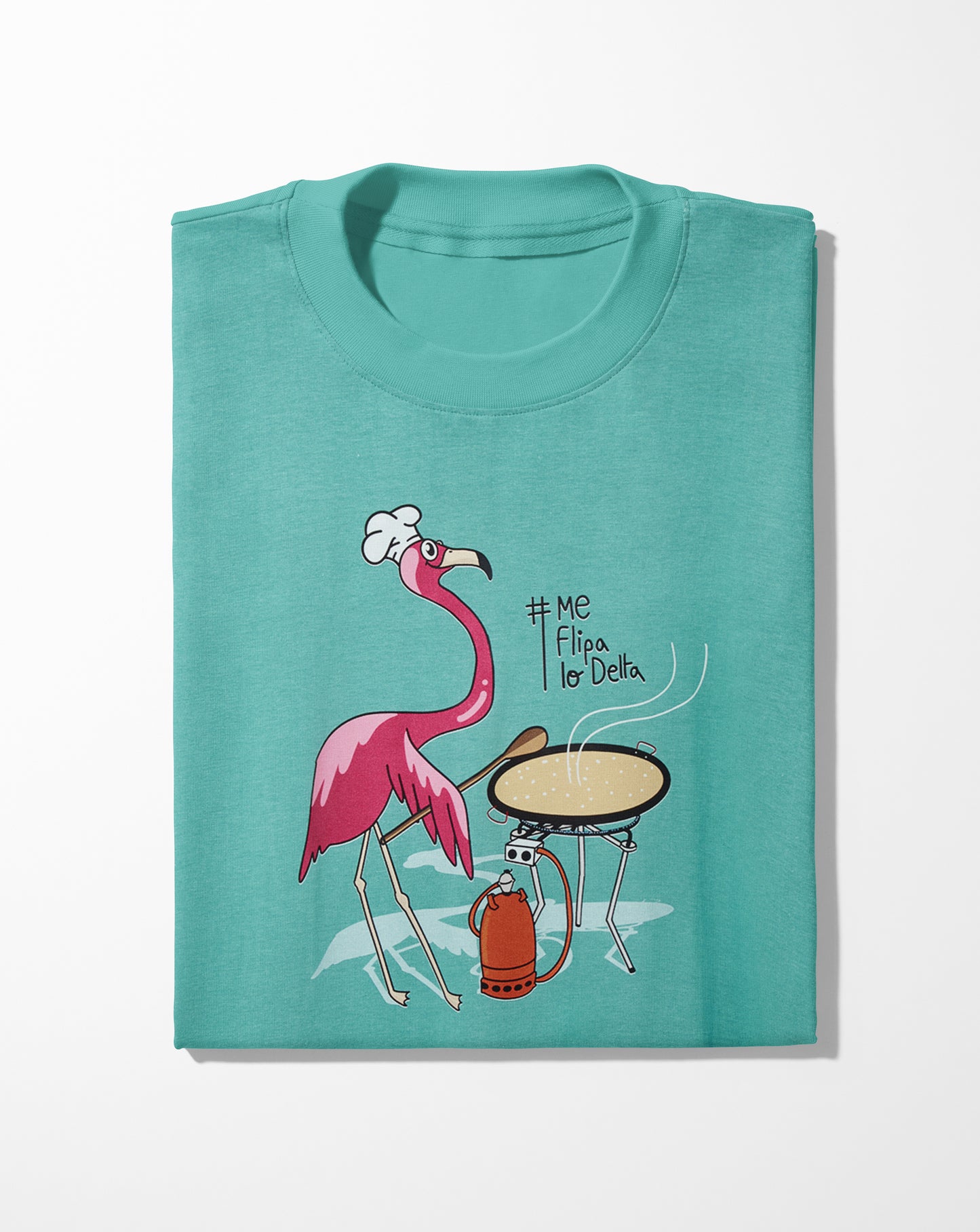 Camiseta manga corta unisex en verde agua y estampado flamenco del delta cocinando paella