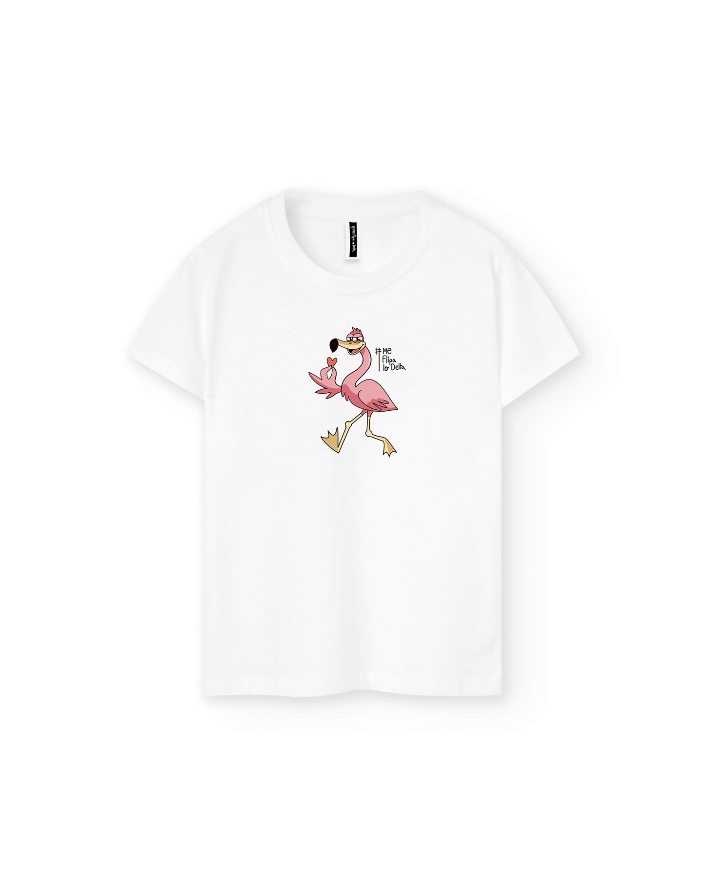 Camiseta manga corta infantil de niño y niña en color blanco y estampado de flamenco del Delta