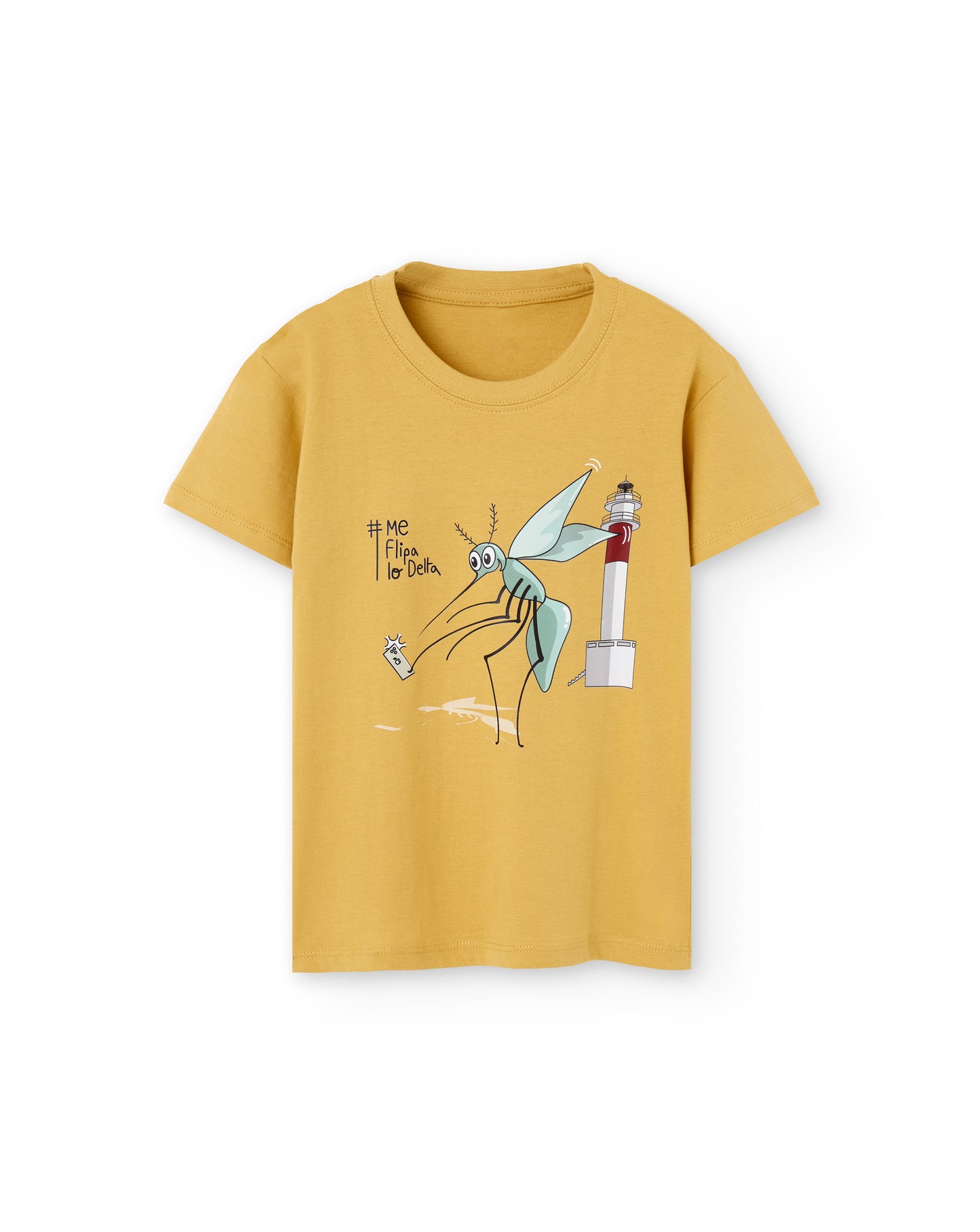 Unisex short-sleeved children's t-shirt for boys and girls in mustard and mosquito print taking selfie