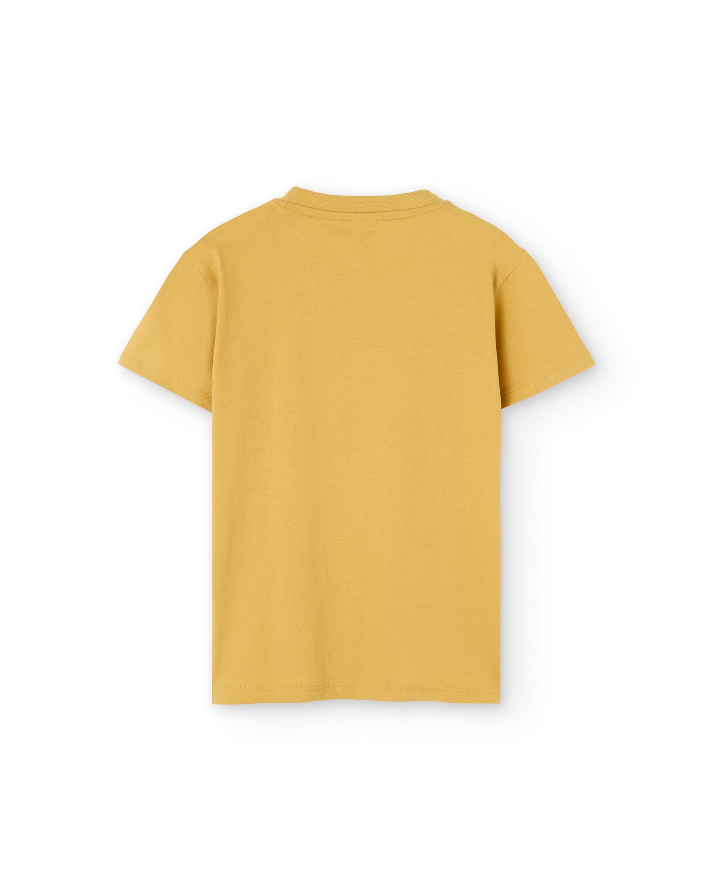 Unisex short-sleeved children's t-shirt for boys and girls in mustard and mosquito print taking selfie