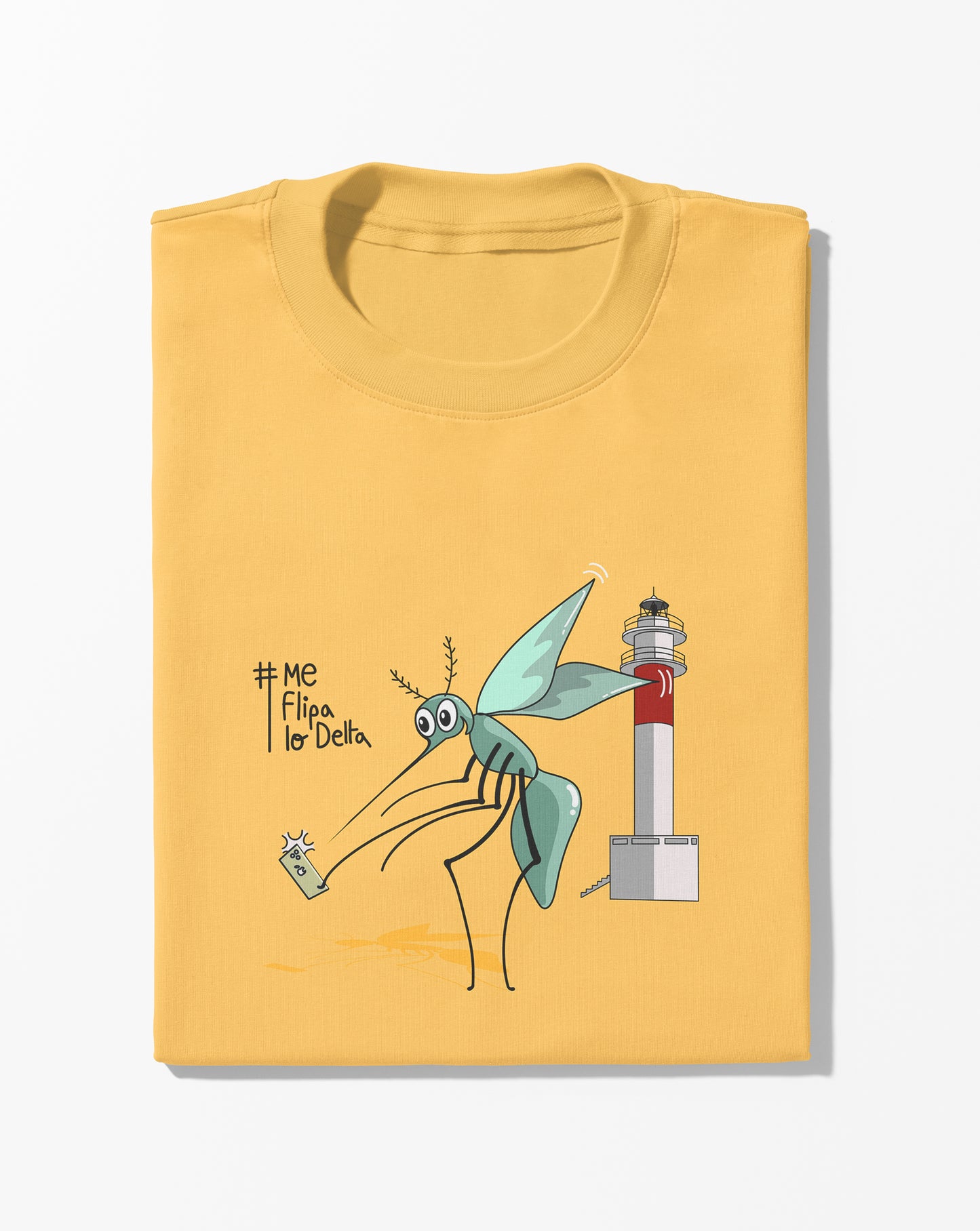 Unisex short-sleeved children's t-shirt for boys and girls in mustard and mosquito print taking selfie