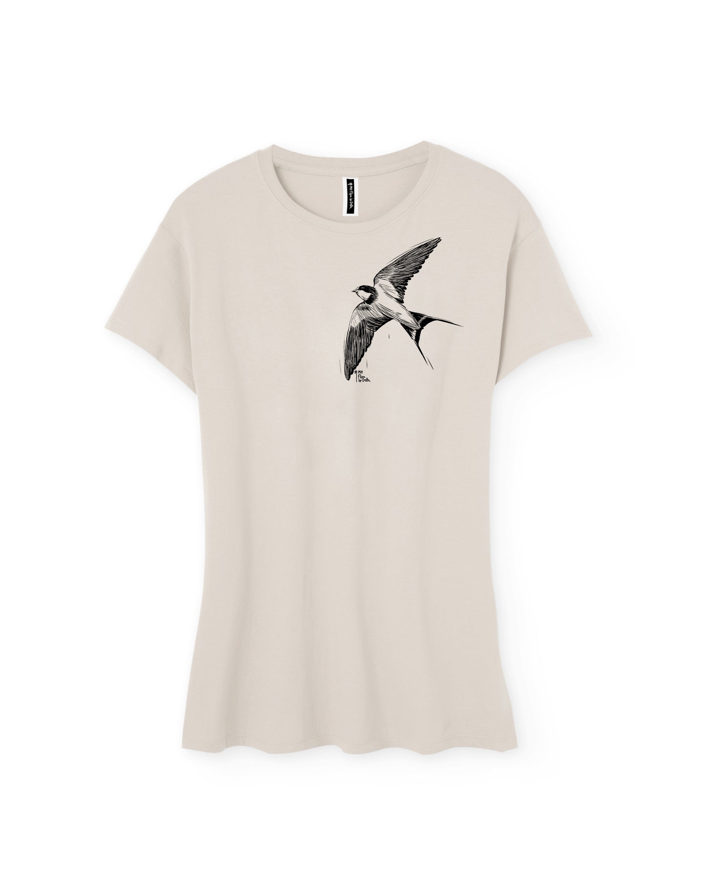 Camiseta manga corta entallada para mujer en blanco vintage cuello redondo y estampado golondrina