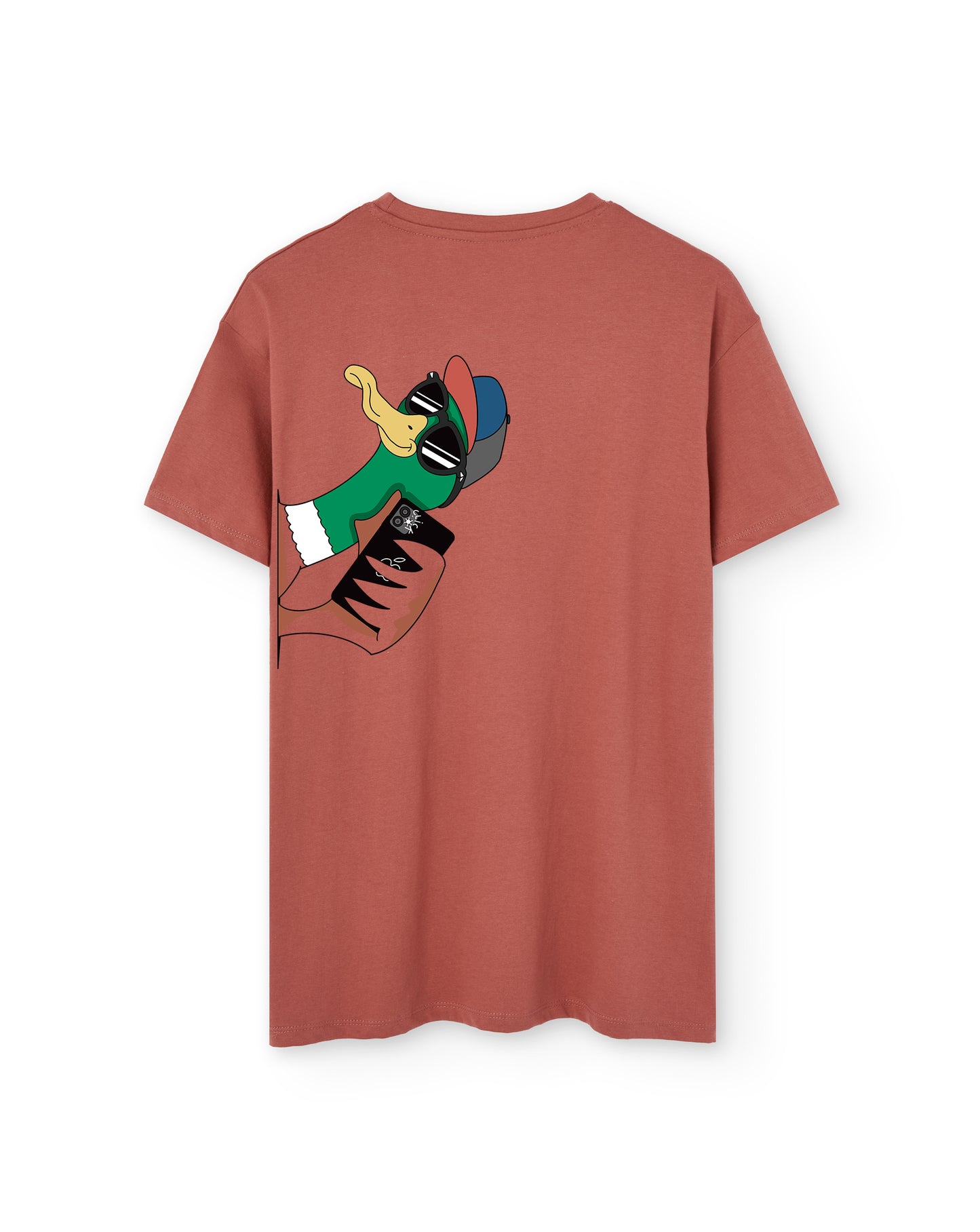 Camiseta manga corta unisex en color rojo teja y estampado de pato iphone
