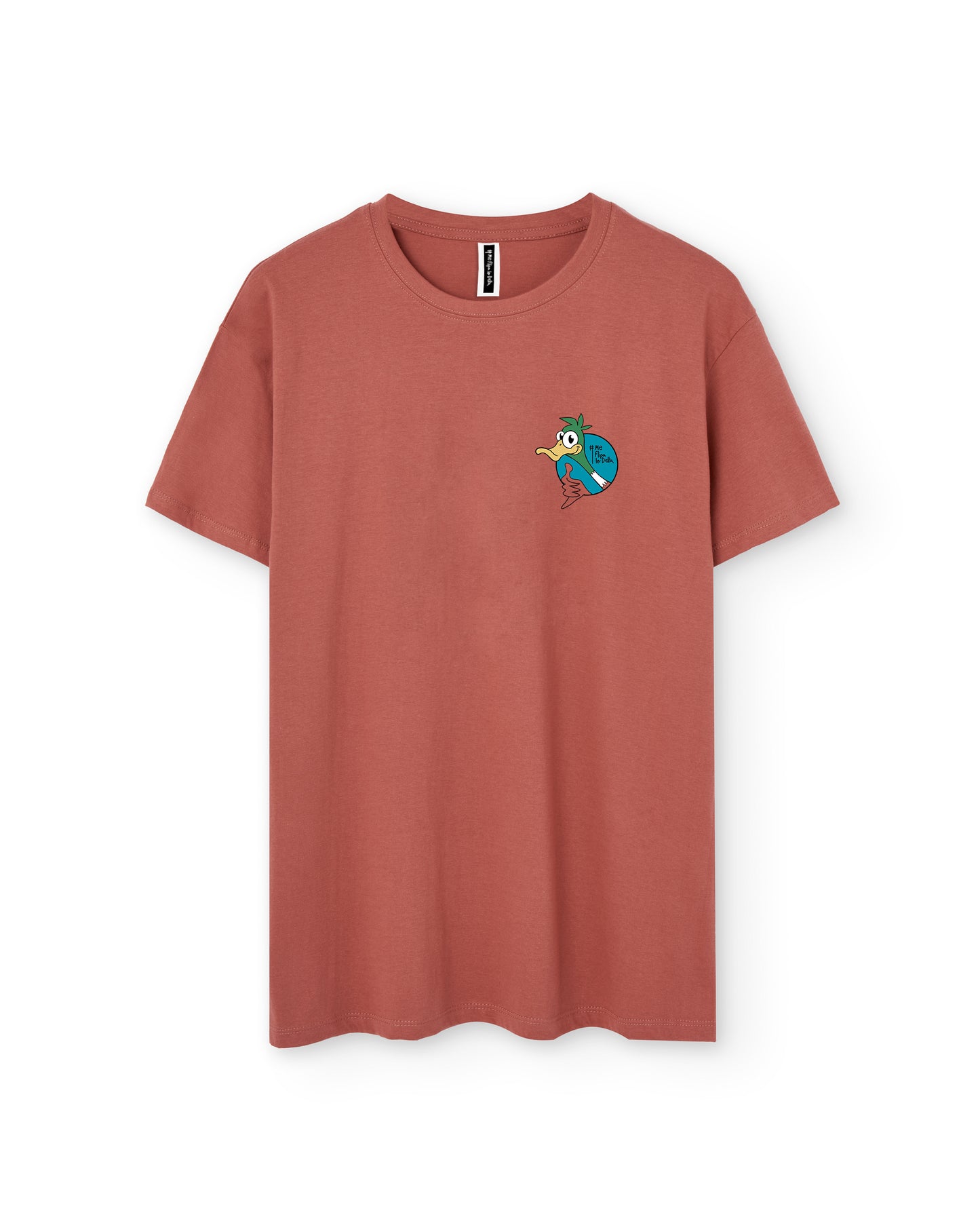 Camiseta manga corta unisex en color rojo teja y estampado de pato iphone