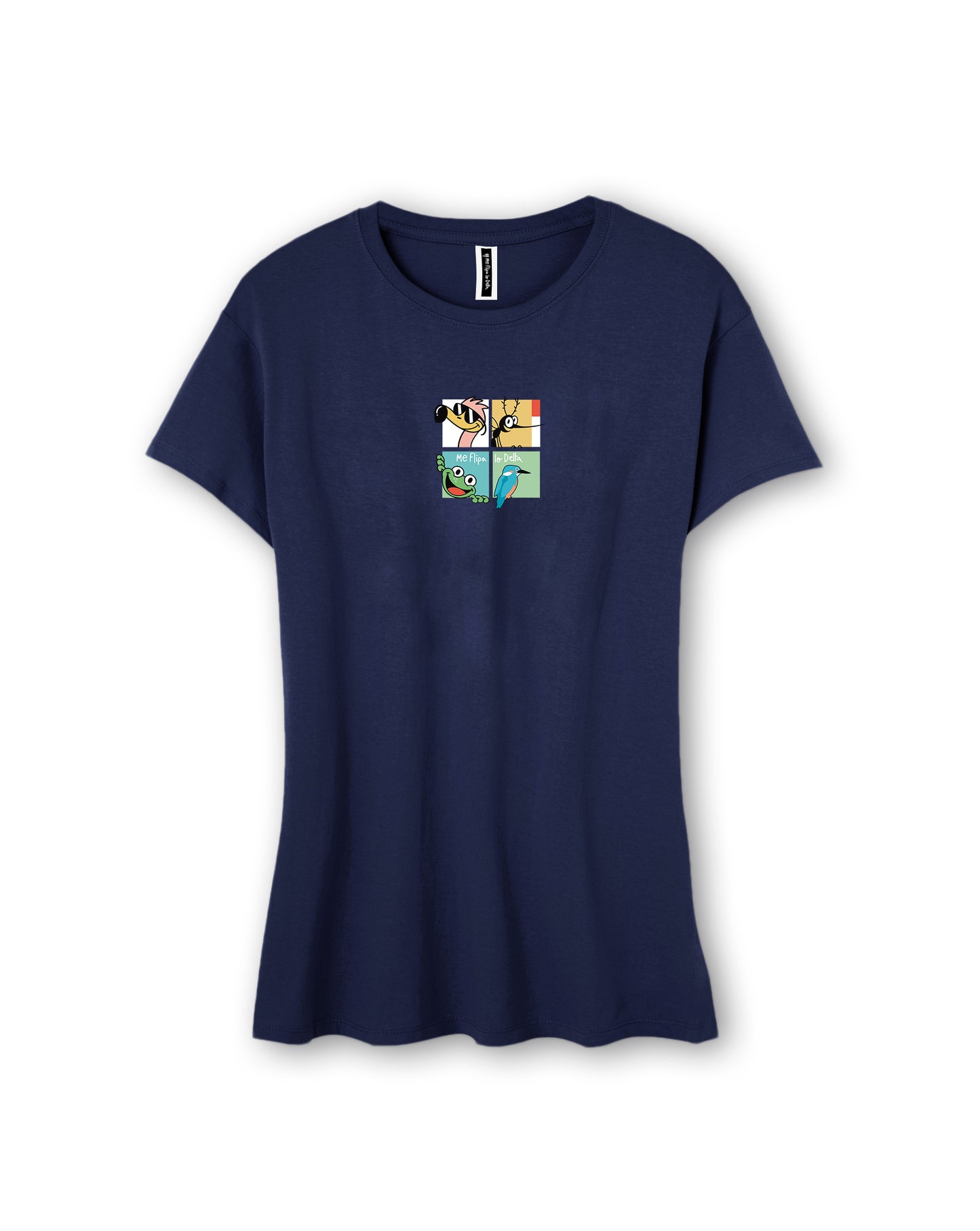 Camiseta manga corta entallada para mujer en azul marino cuello redondo y estampado pop art