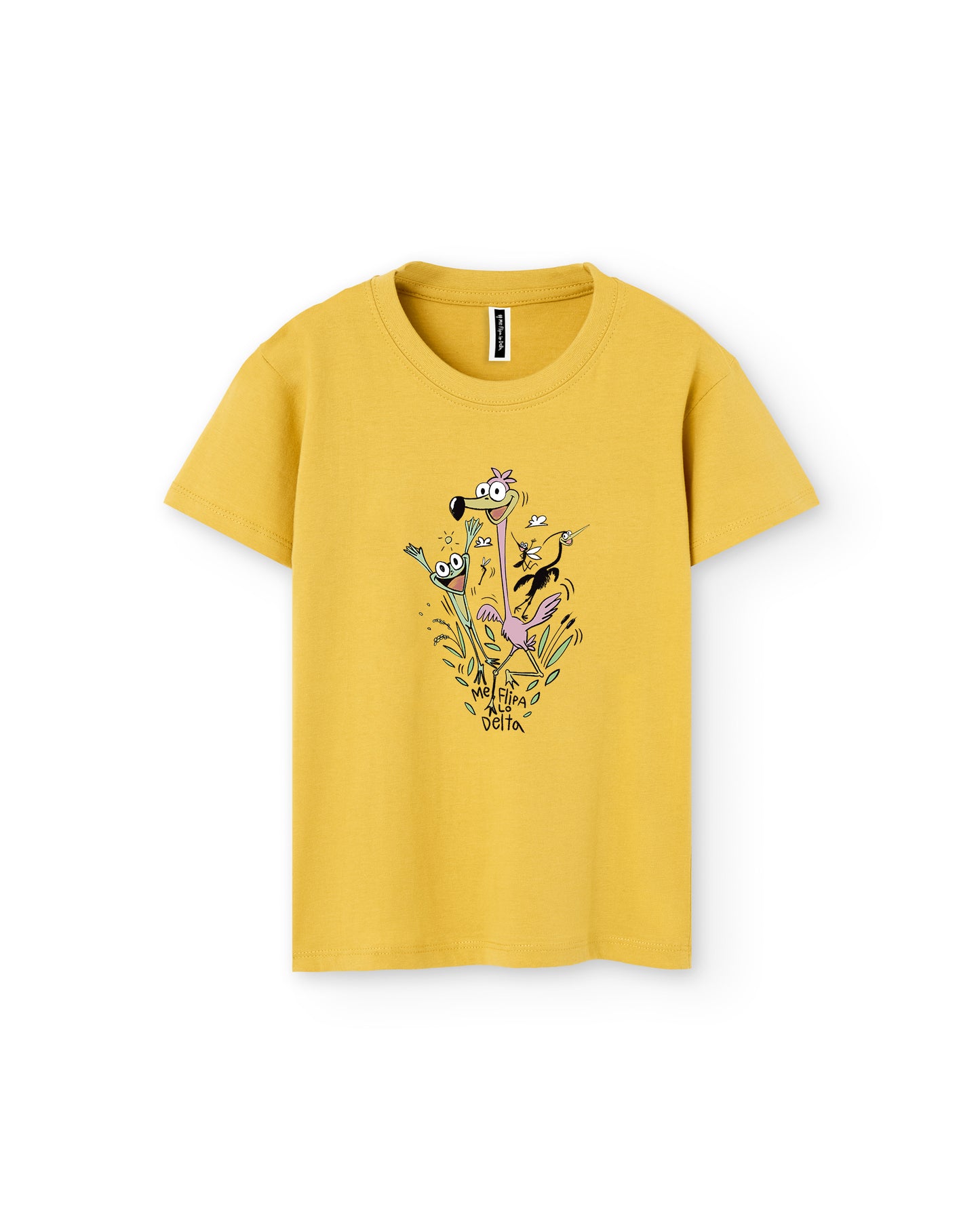 Camiseta manga corta infantil de niño y niña corta en mostaza y estampado salto animales delta