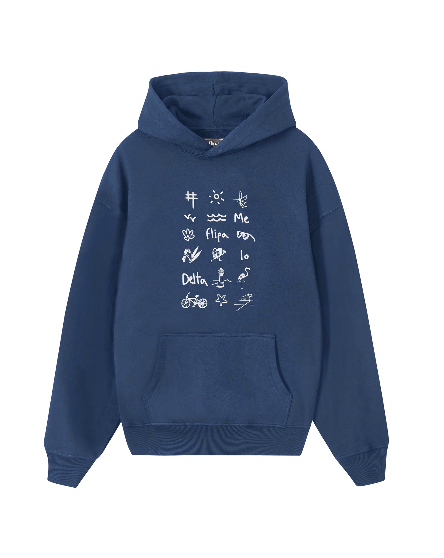 Sudadera unisex en azul marino capucha estampado iconos del Delta del Ebro