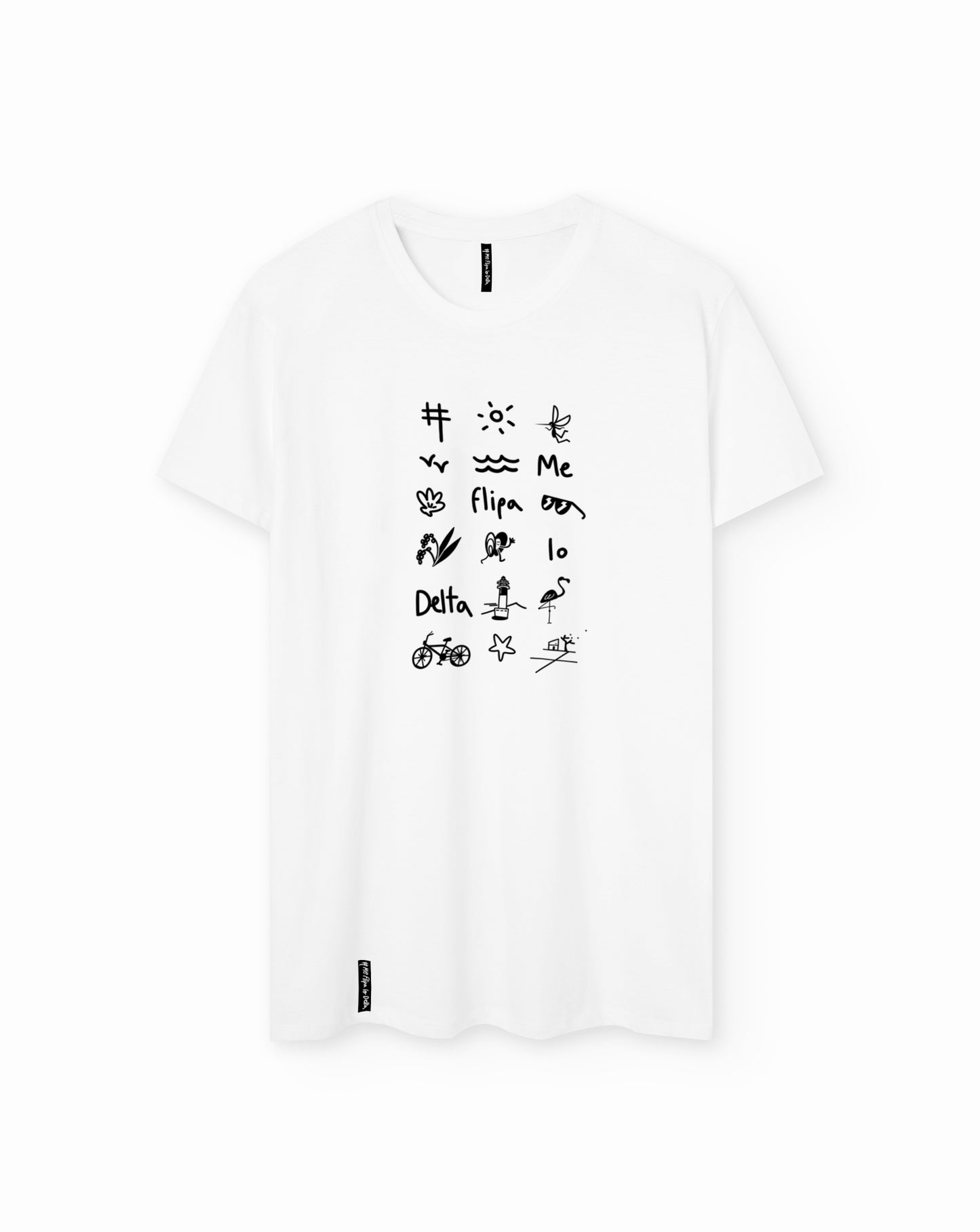 Camiseta manga corta unisex en color blanco y estampado iconos del Delta del Ebro