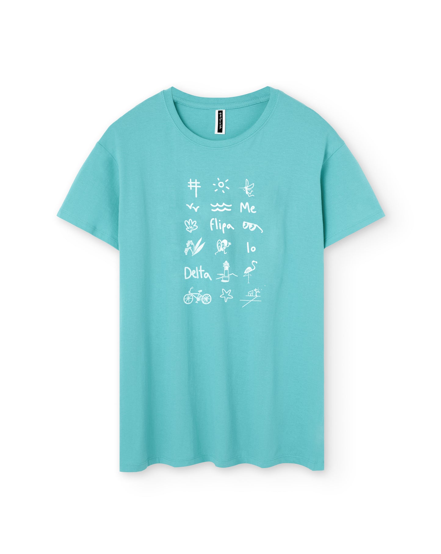 Camiseta manga corta unisex en verde agua y estampado iconos del Delta del Ebro