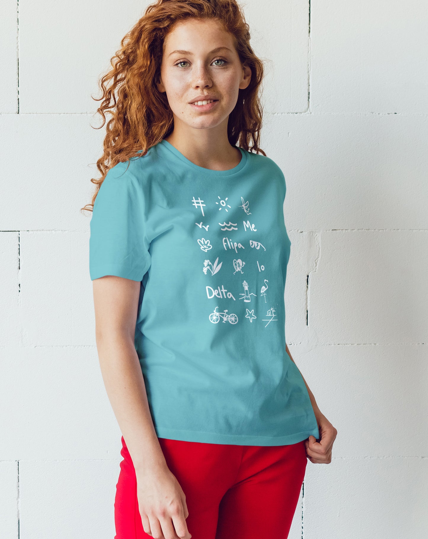 Camiseta manga corta unisex en verde agua y estampado iconos del Delta del Ebro