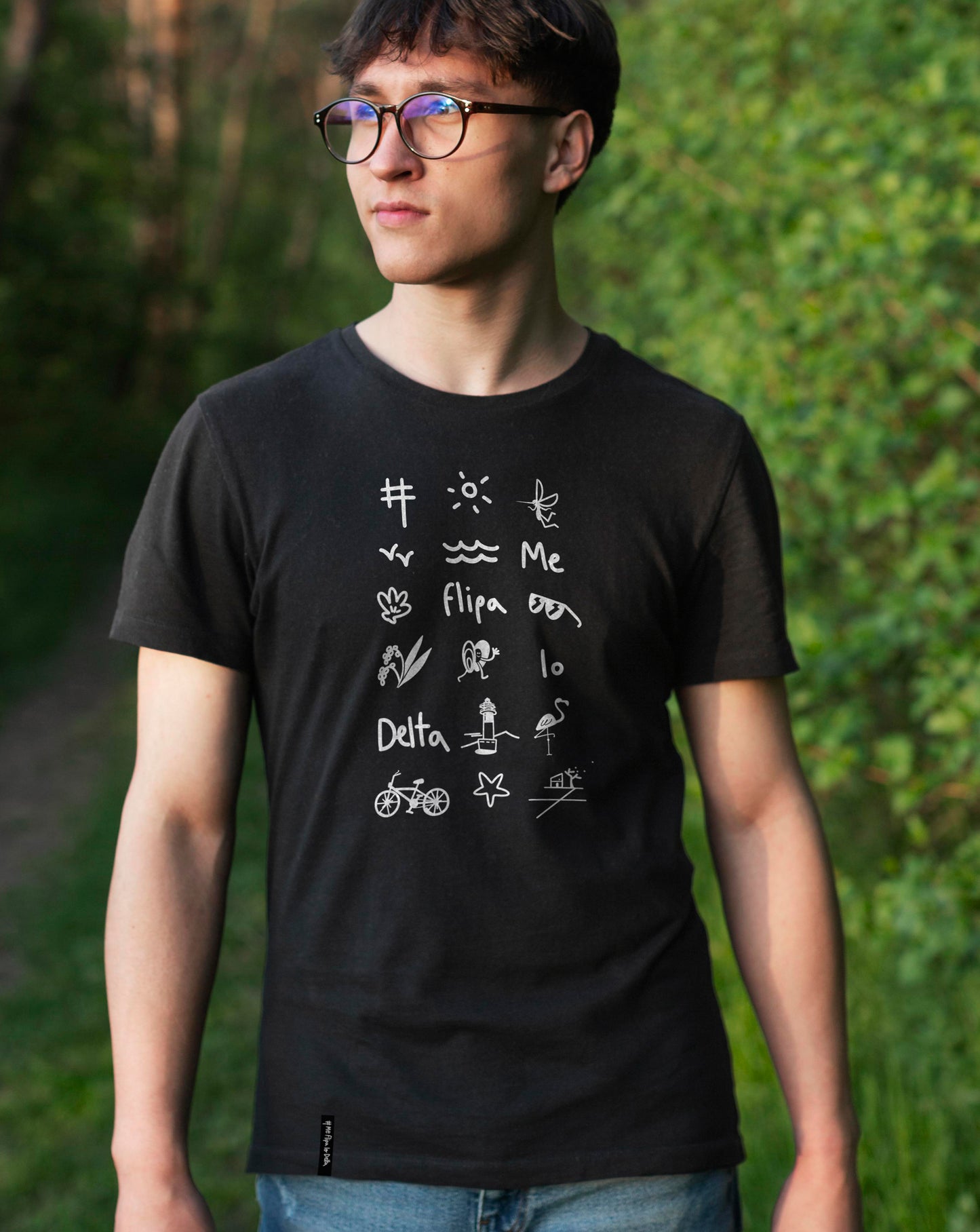 Camiseta manga corta unisex en color negro y estampado iconos del Delta del Ebro
