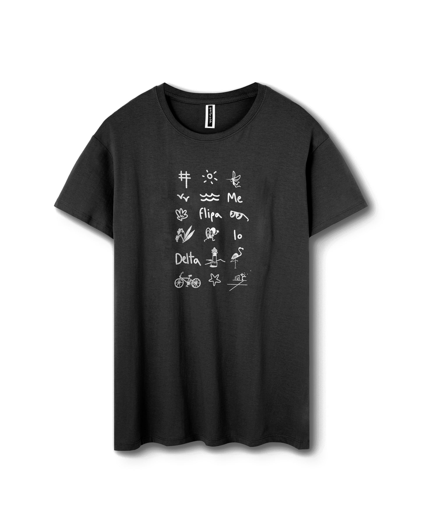 Camiseta manga corta unisex en color negro y estampado iconos del Delta del Ebro