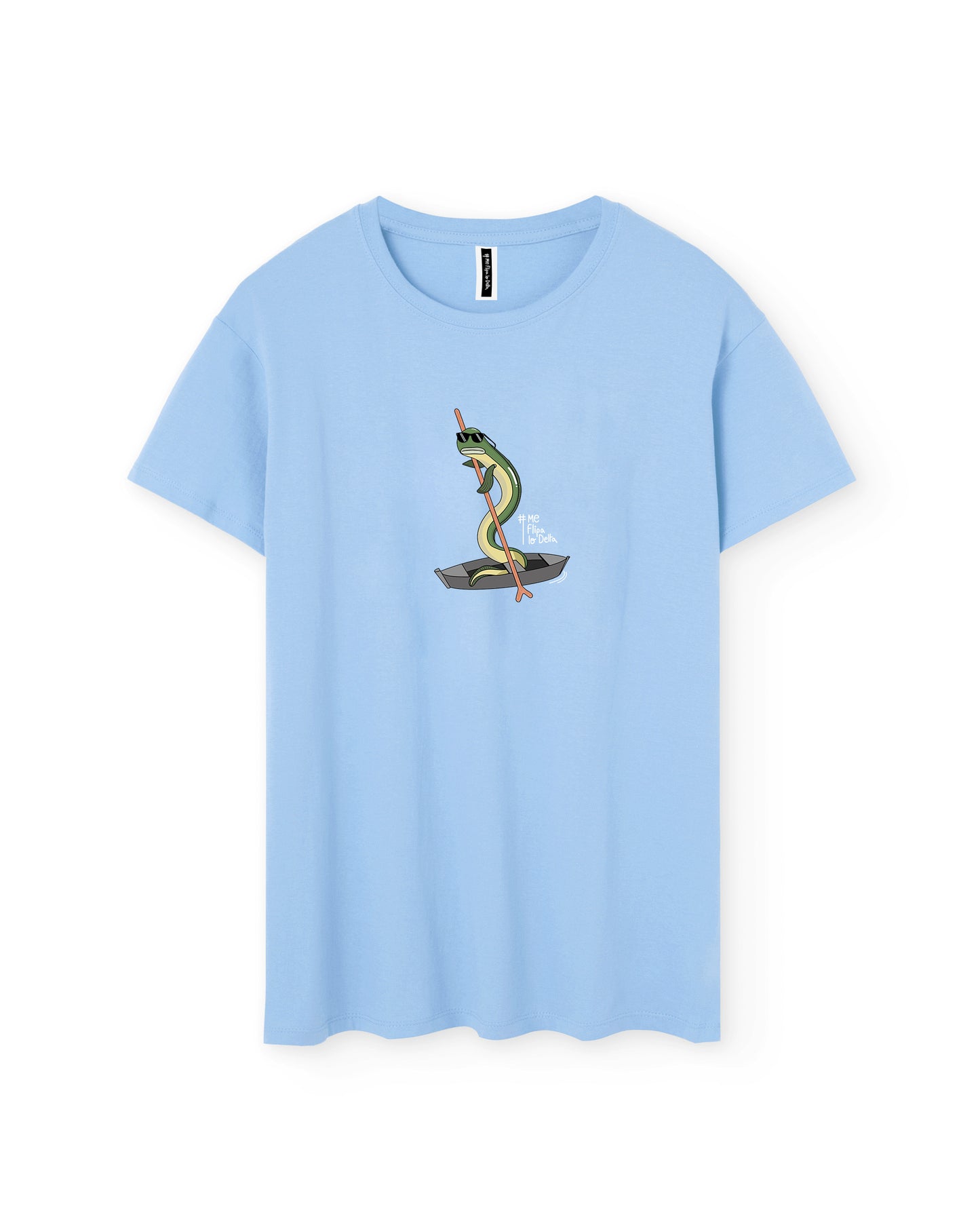 Camiseta manga corta unisex en azul celeste y anguila perchando