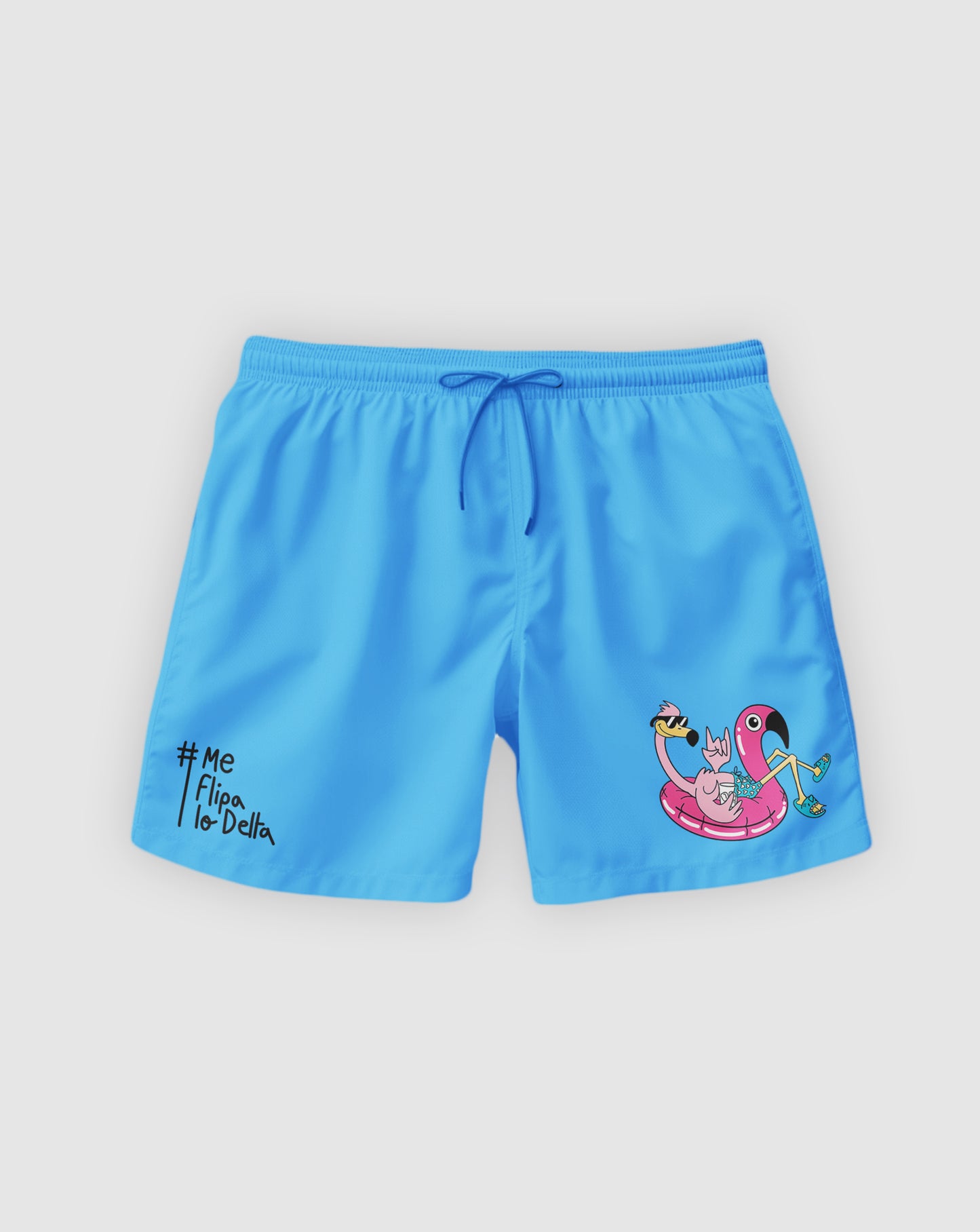 Bañador tipo boxer para hombre en color azul claro y logo flamenco en flotador