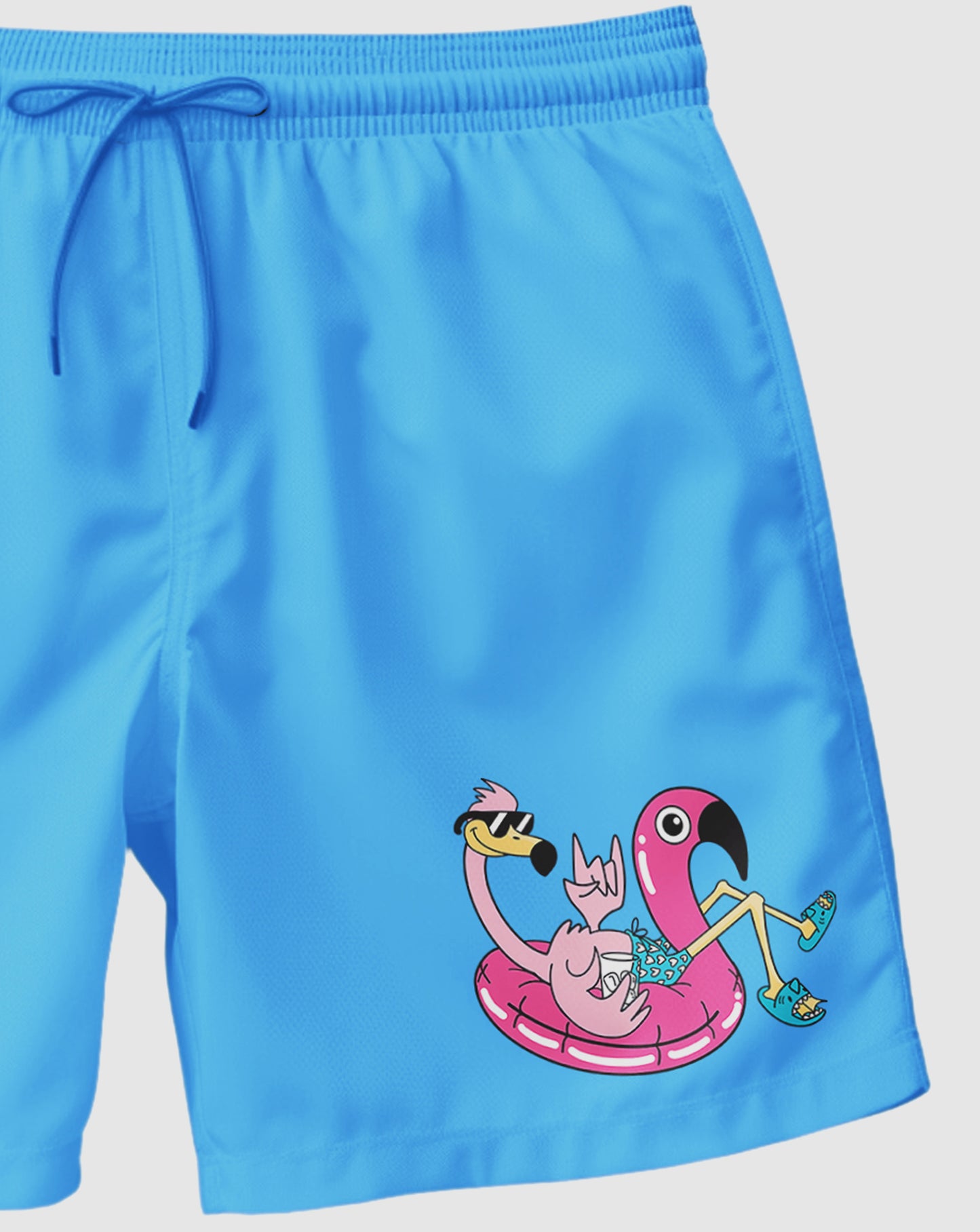 Bañador tipo boxer para hombre en color azul claro y logo flamenco en flotador