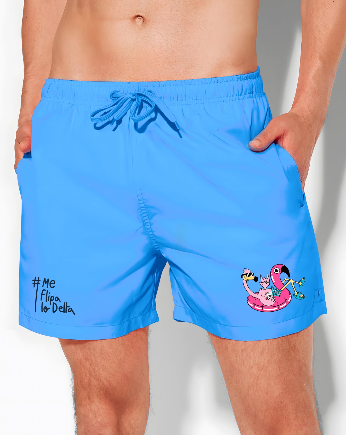 Bañador tipo boxer para hombre en color azul claro y logo flamenco en flotador