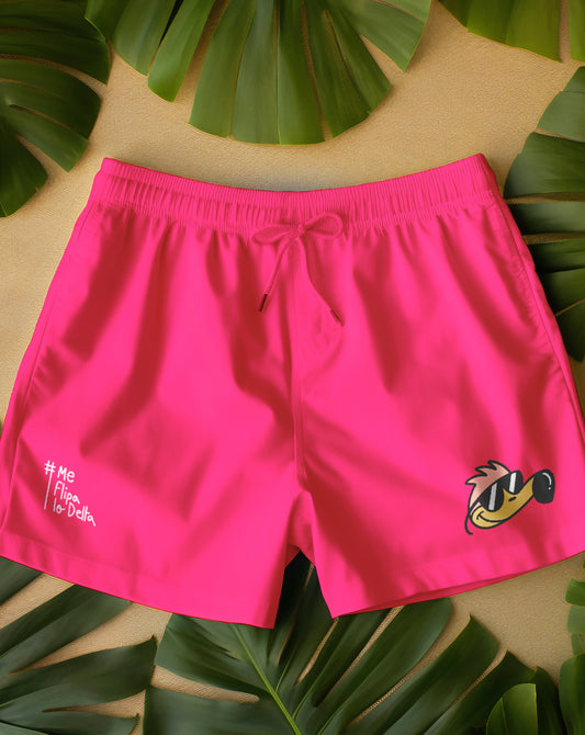 Bañador tipo boxer para hombre en rosa fluor y estampado de flipi