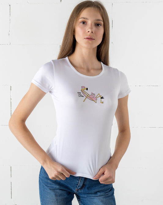 Camiseta manga corta entallada para mujer en blanco cuello redondo y estampado flamenco de relax