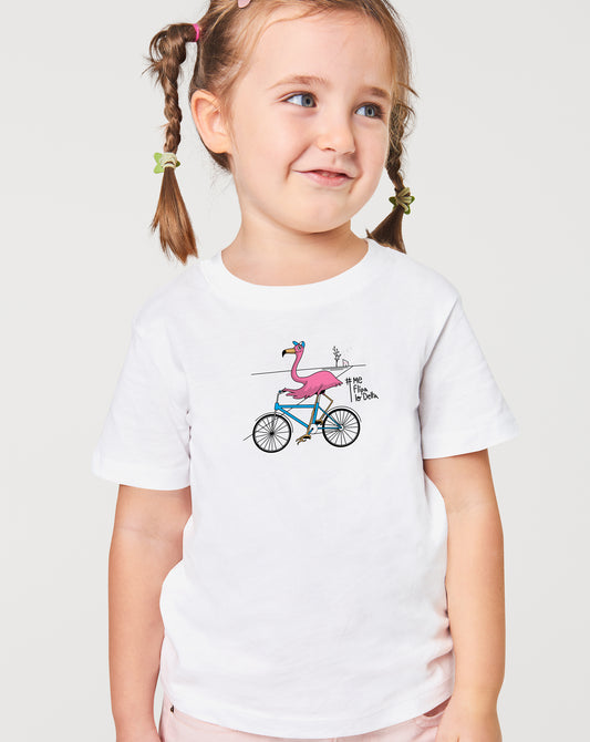 Camiseta manga corta infantil de niño y niña en blanco y estampado flamenco en bicicleta