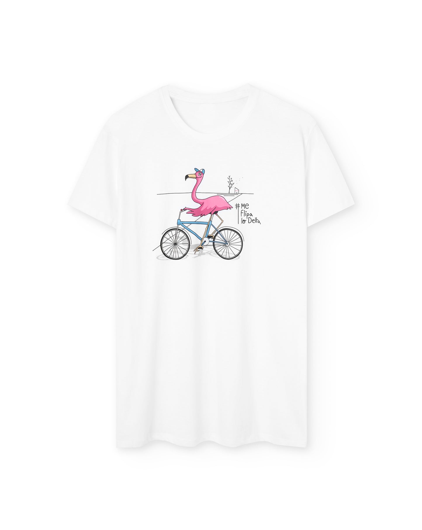 Camiseta manga corta unisex en blanco y estampado flamenco en bicicleta