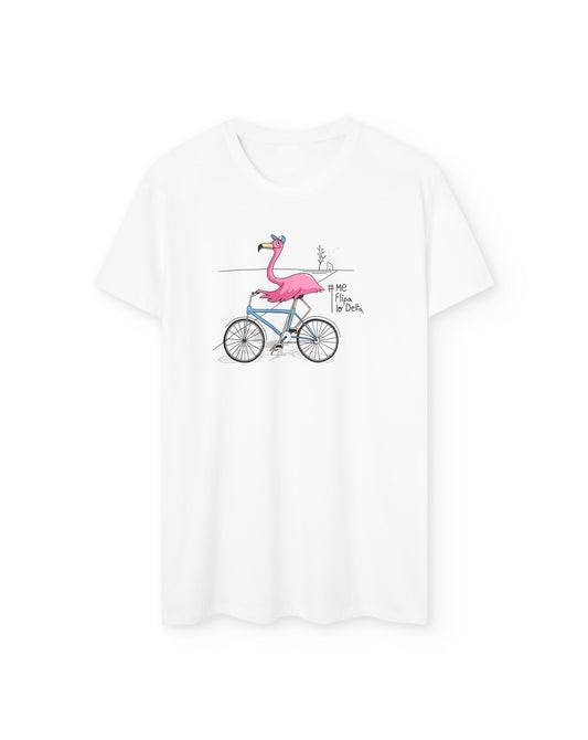 Camiseta manga corta unisex en blanco y estampado flamenco en bicicleta