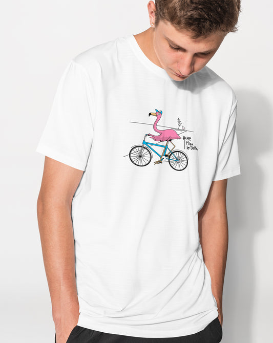 Samarreta màniga curta unisex en blanc i estampat flamenc amb bicicleta