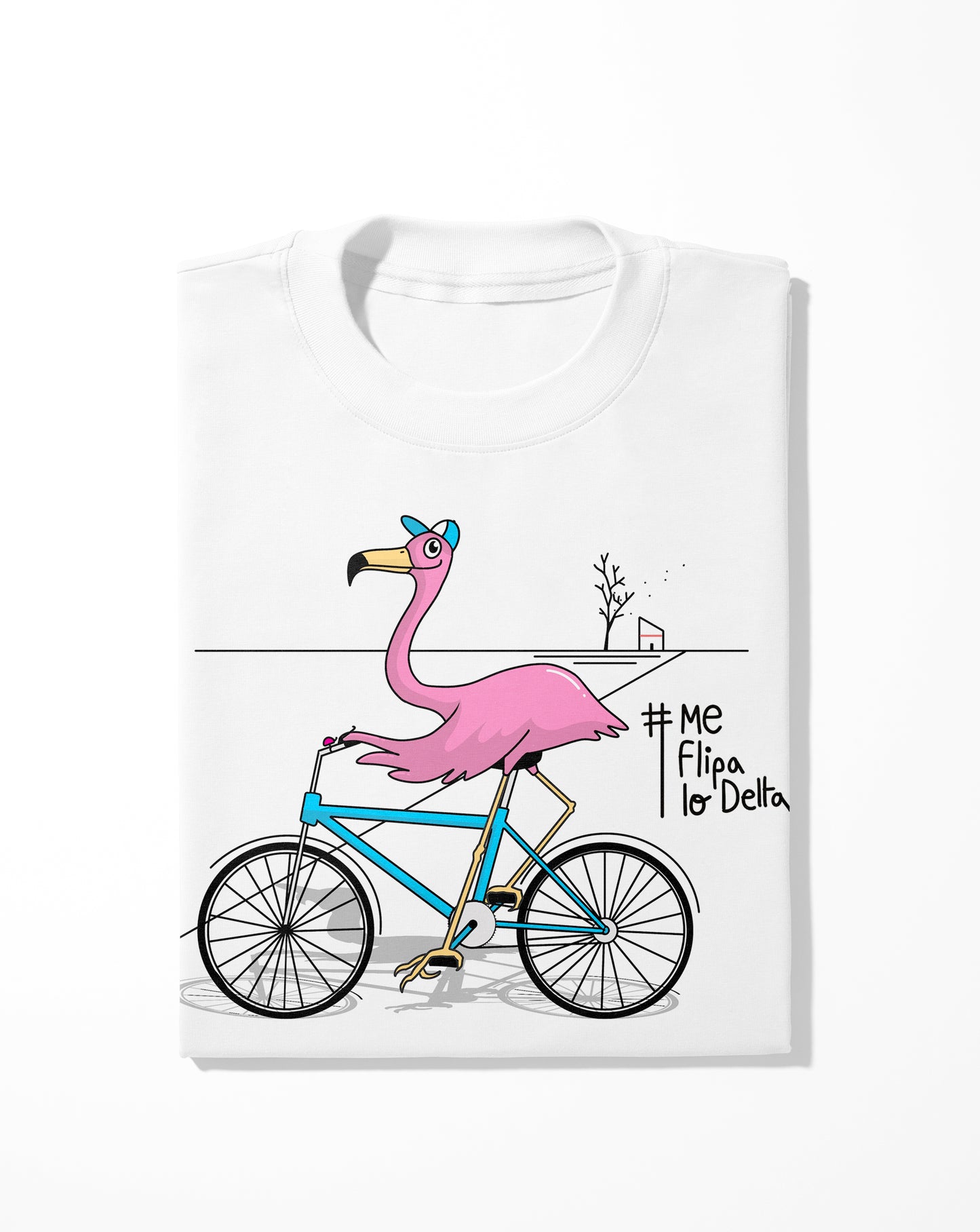 Camiseta manga corta unisex en blanco y estampado flamenco en bicicleta