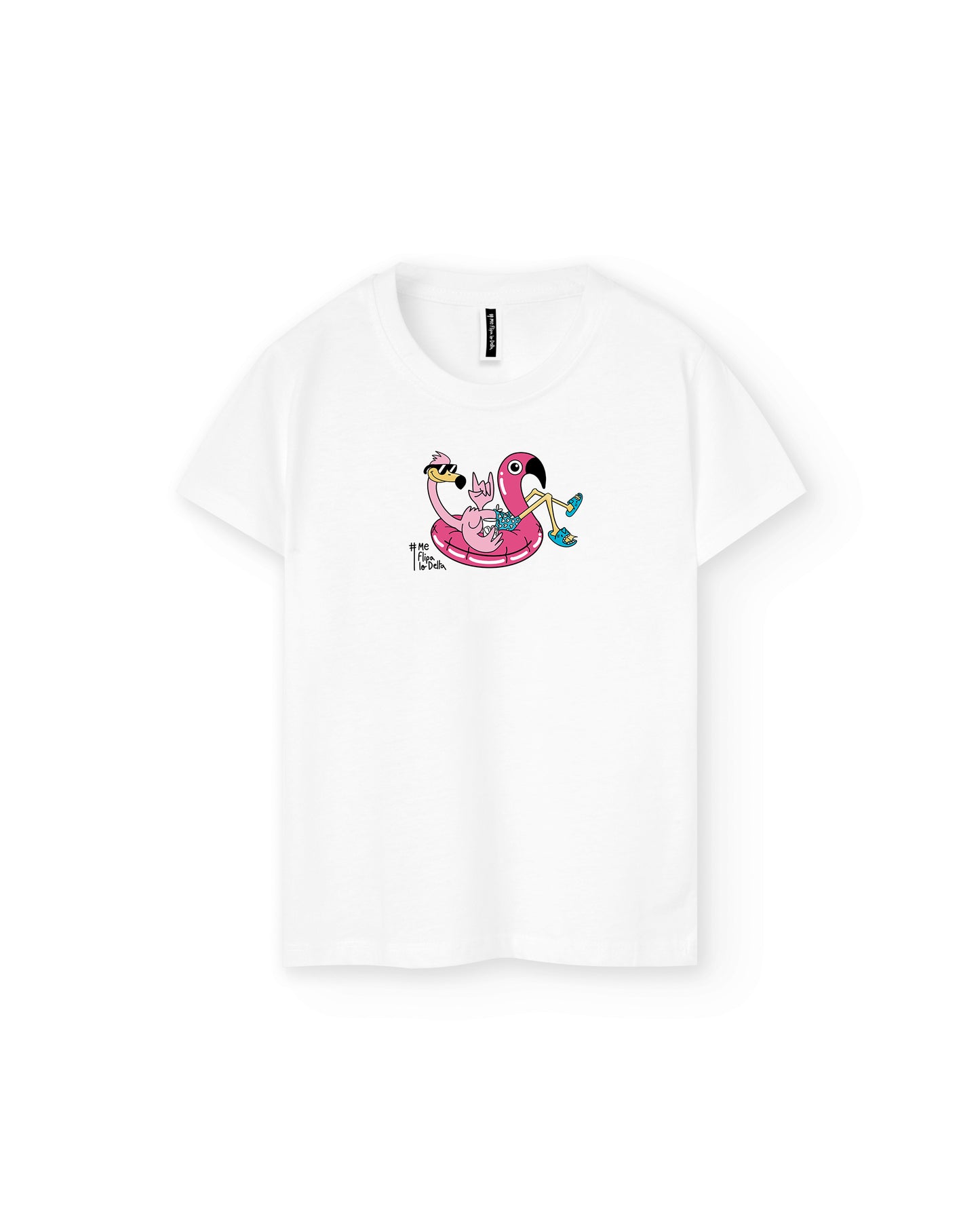 Camiseta manga corta infantil de niño y niña en blanco y estampado flamenco en flotador