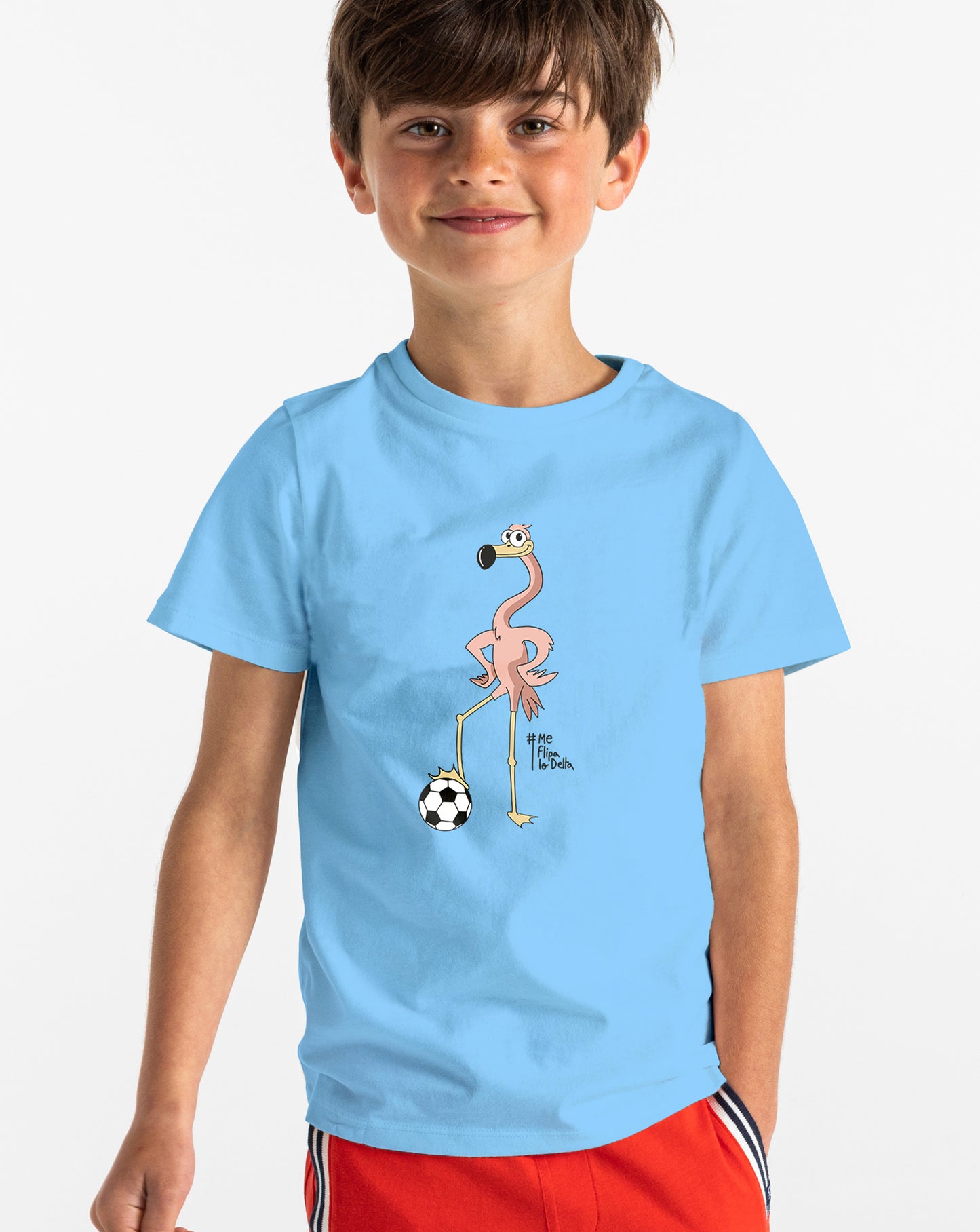 Unisex short-sleeved children's t-shirt for boys and girls in mustard and mosquito print taking selfie