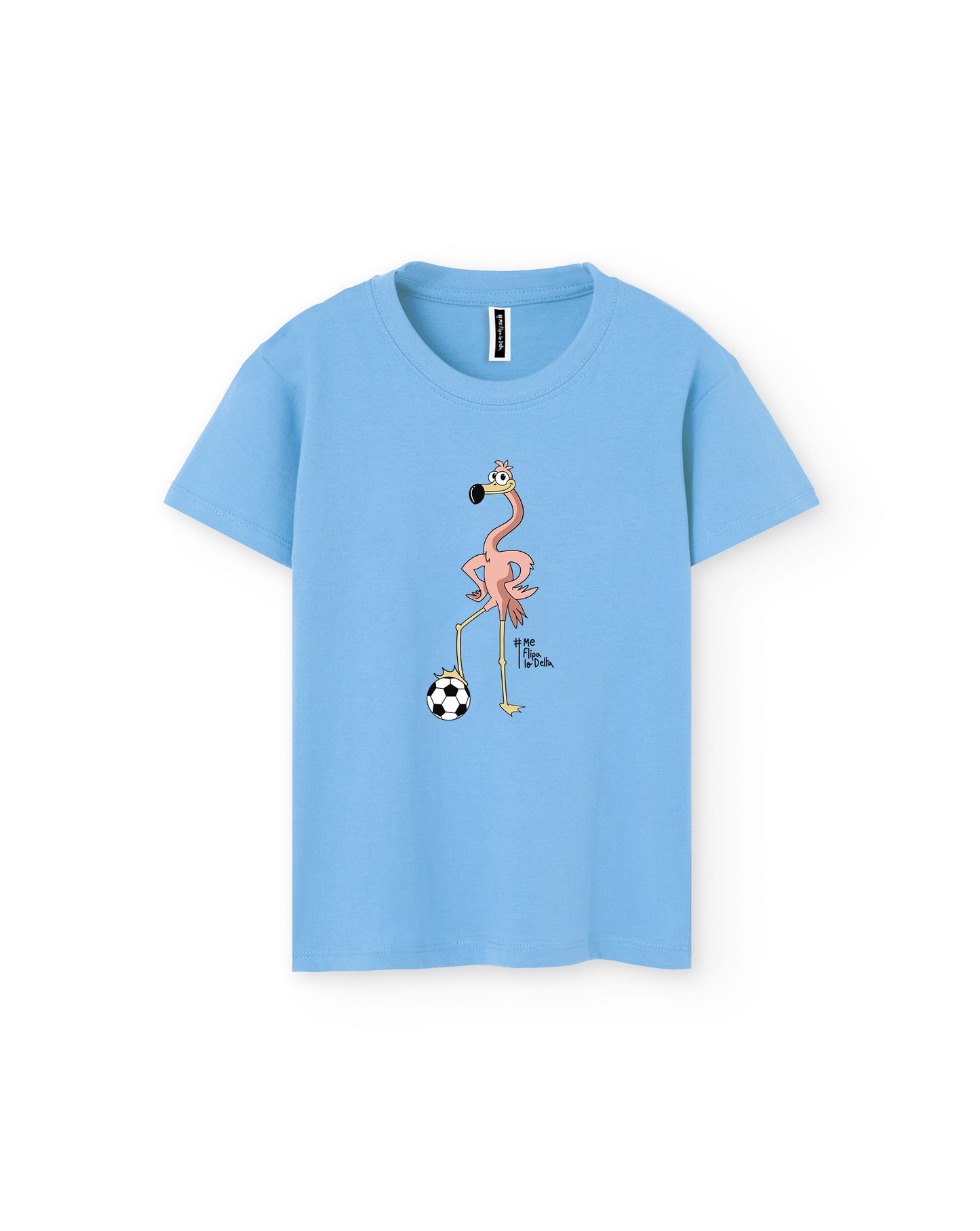Unisex short-sleeved children's t-shirt for boys and girls in mustard and mosquito print taking selfie