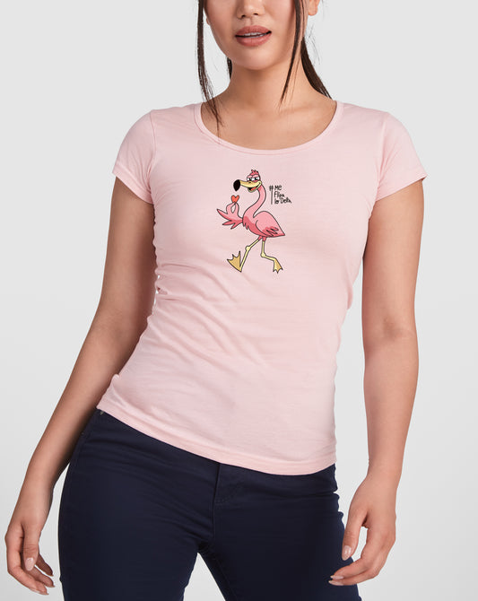 Camiseta mujer manga corta en rosa y estampado flamenco con corazón