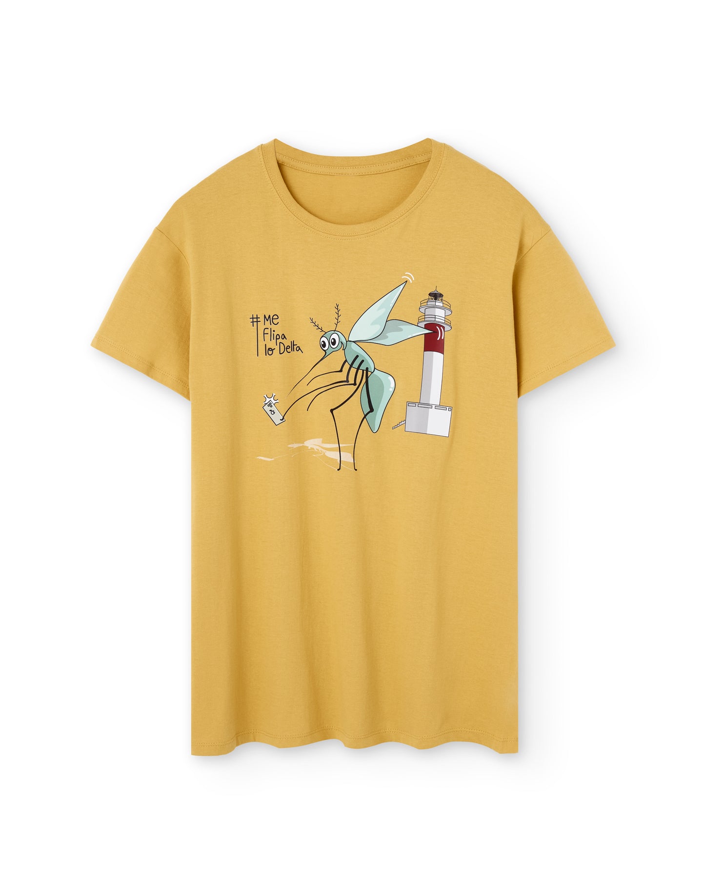 Camiseta manga corta unisex en mostaza y estampado mosquito haciendo selfie