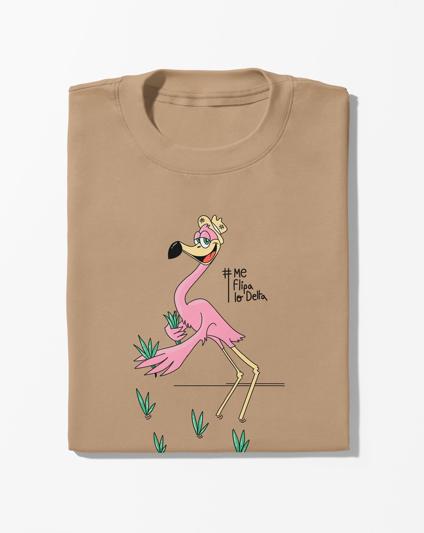 Camiseta manga corta unisex en marrón claro y estampado flamenco plantando arroz