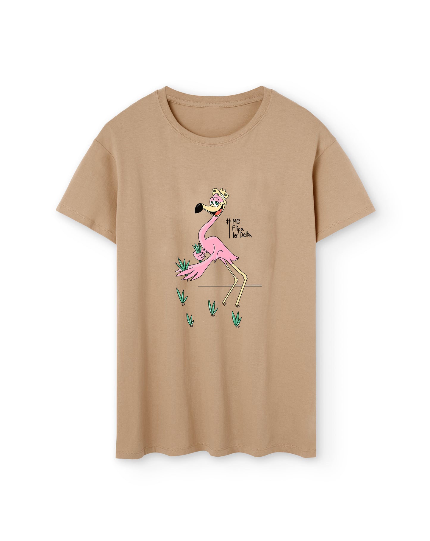 Camiseta manga corta unisex en marrón claro y estampado flamenco plantando arroz
