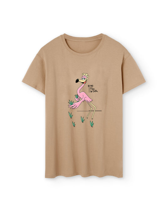 Camiseta manga corta unisex en marrón claro y estampado flamenco plantando arroz