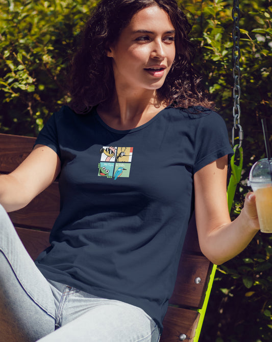 Camiseta manga corta entallada para mujer en azul marino cuello redondo y estampado pop art