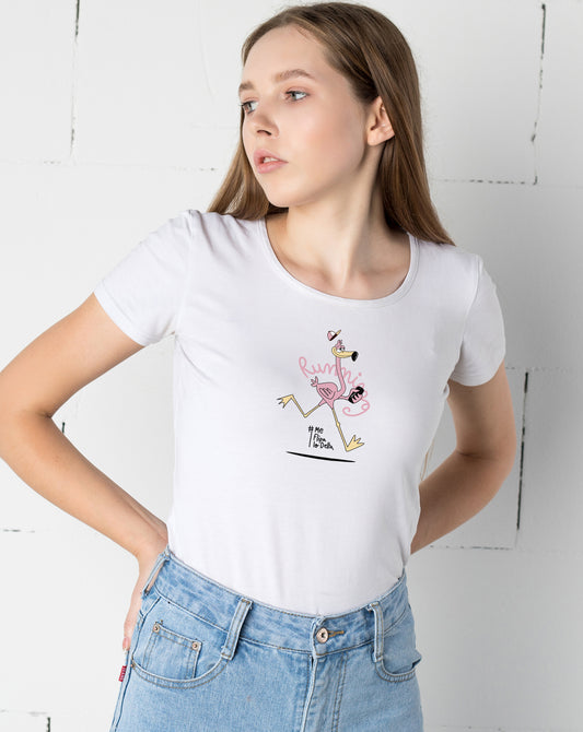 Camiseta manga corta entallada para mujer en blanco cuello redondo y estampado flamenco running