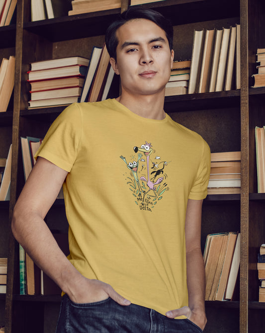 Camiseta manga corta unisex en mostaza y estampado salto
