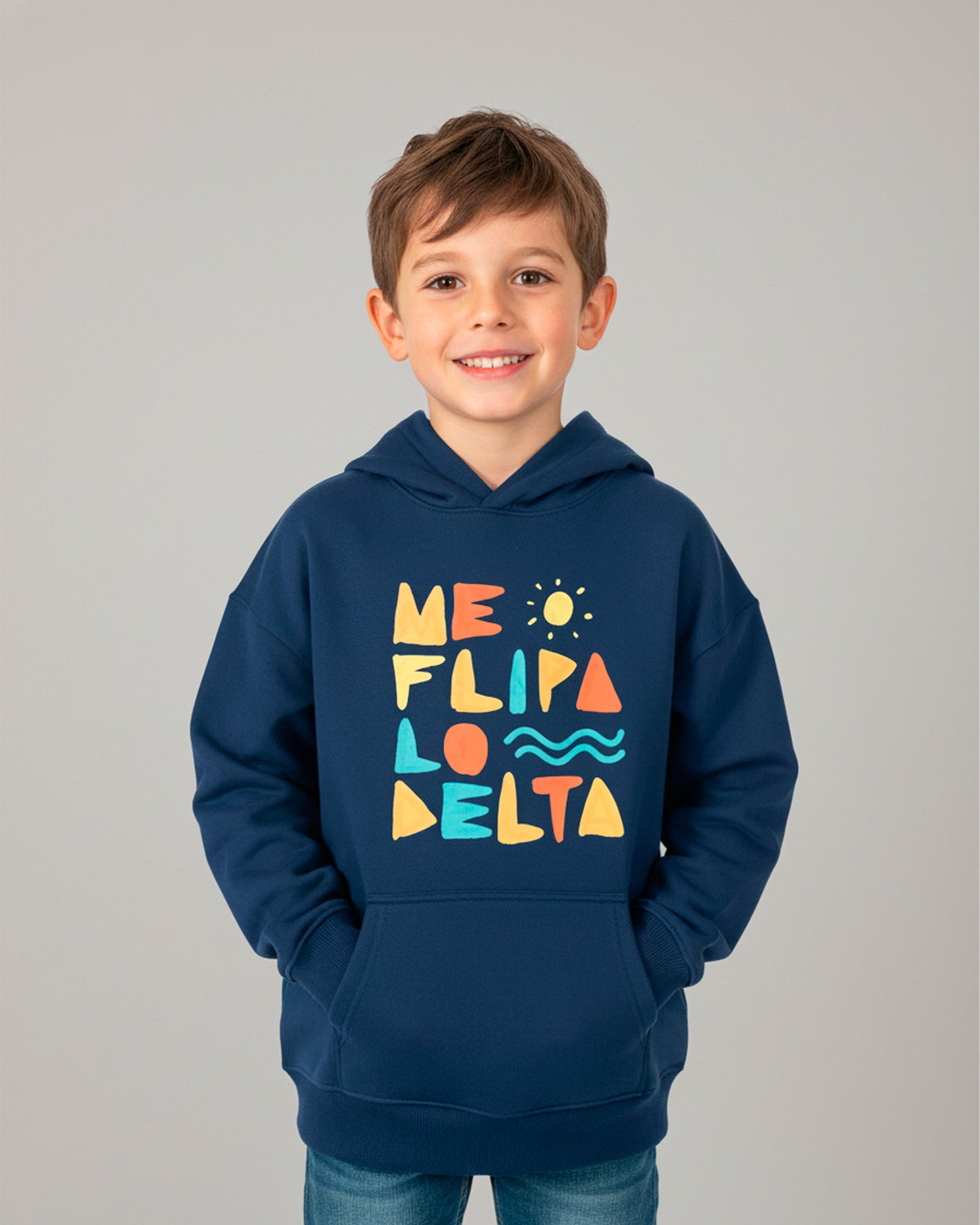 Sudadera con capucha para niño y niña en azul marino y estampado Me Flipa lo Delta