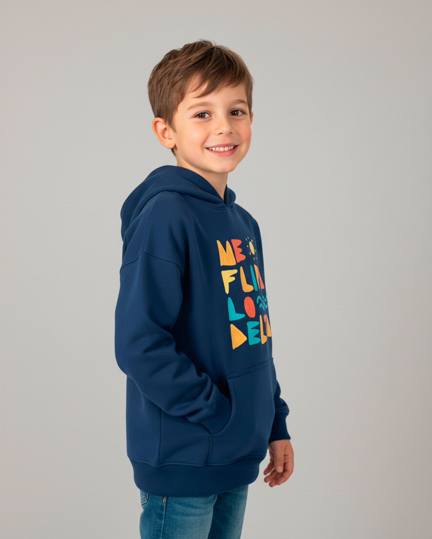 Sudadera con capucha para niño y niña en azul marino y estampado Me Flipa lo Delta
