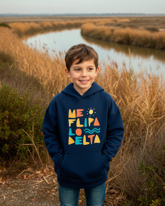 Sudadera con capucha para niño y niña en azul marino y estampado Me Flipa lo Delta