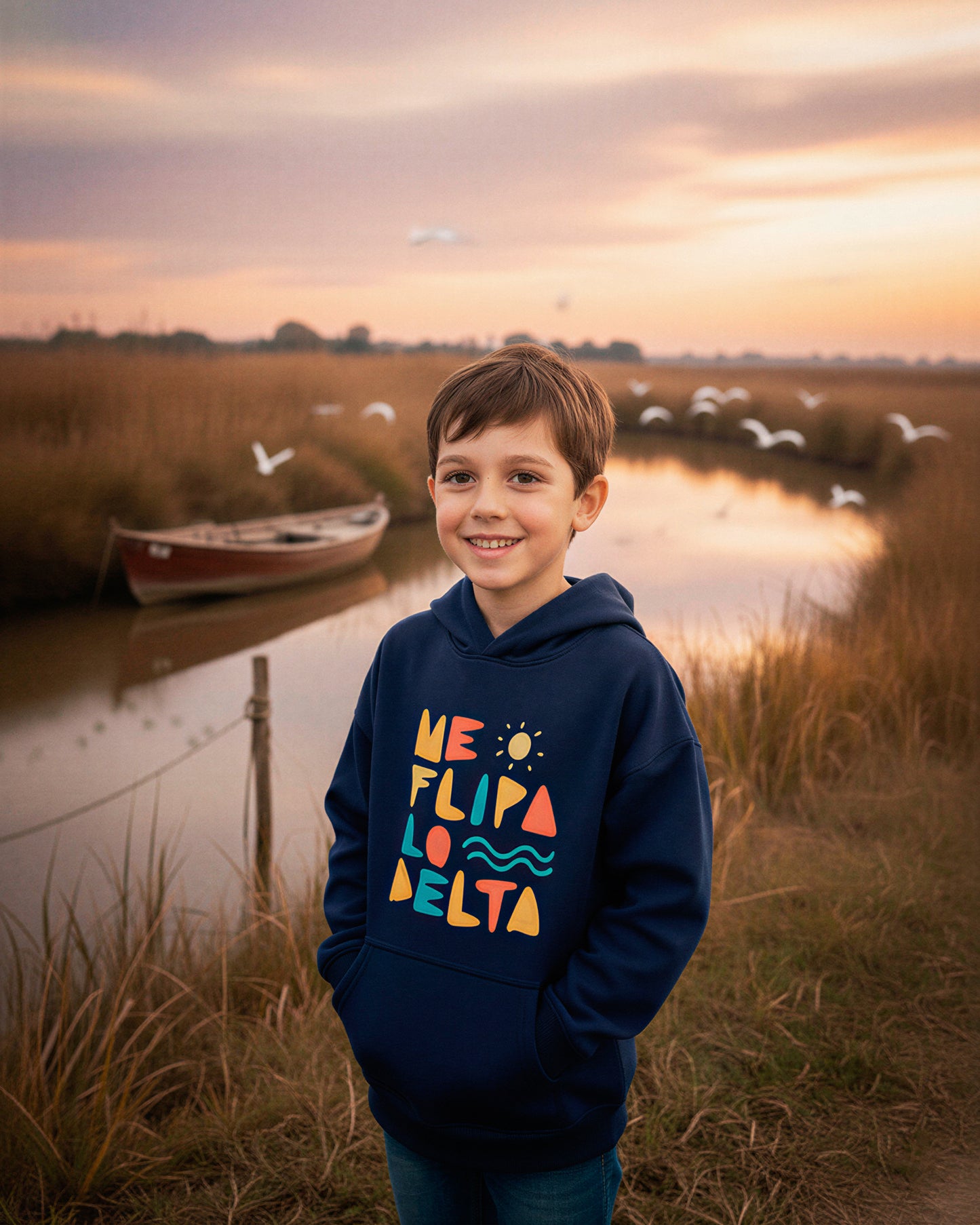 Sudadera con capucha para niño y niña en azul marino y estampado Me Flipa lo Delta