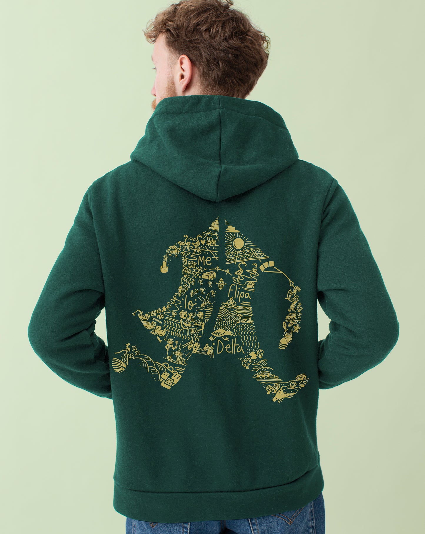 Sudadera de hombre con capucha color verde y estampado MeFlipaloDelta