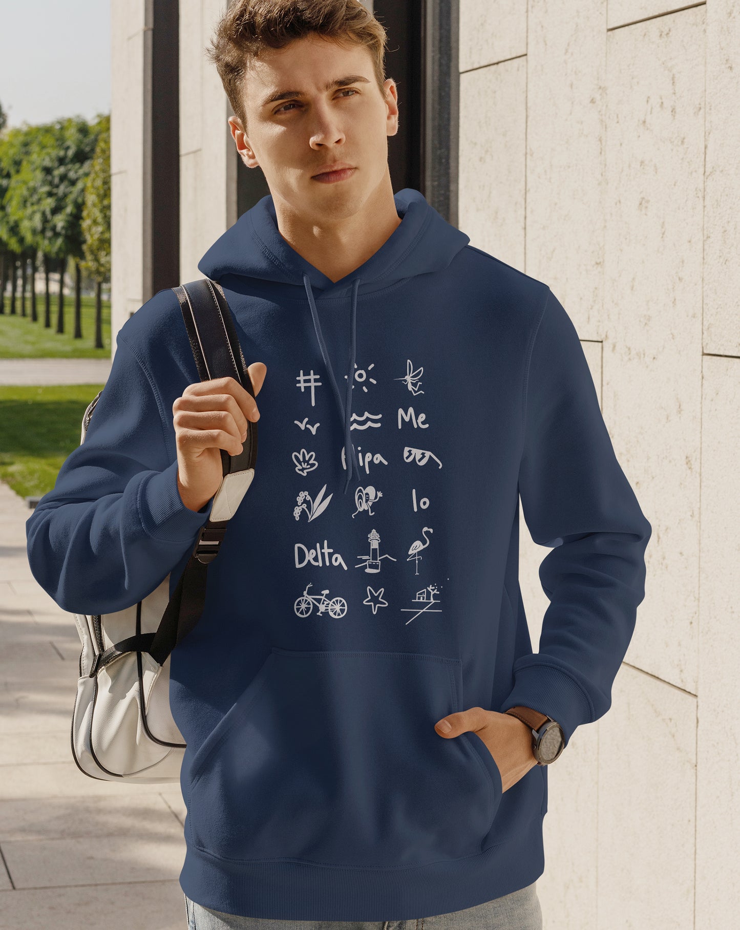 Sudadera unisex en azul marino capucha estampado iconos del Delta del Ebro